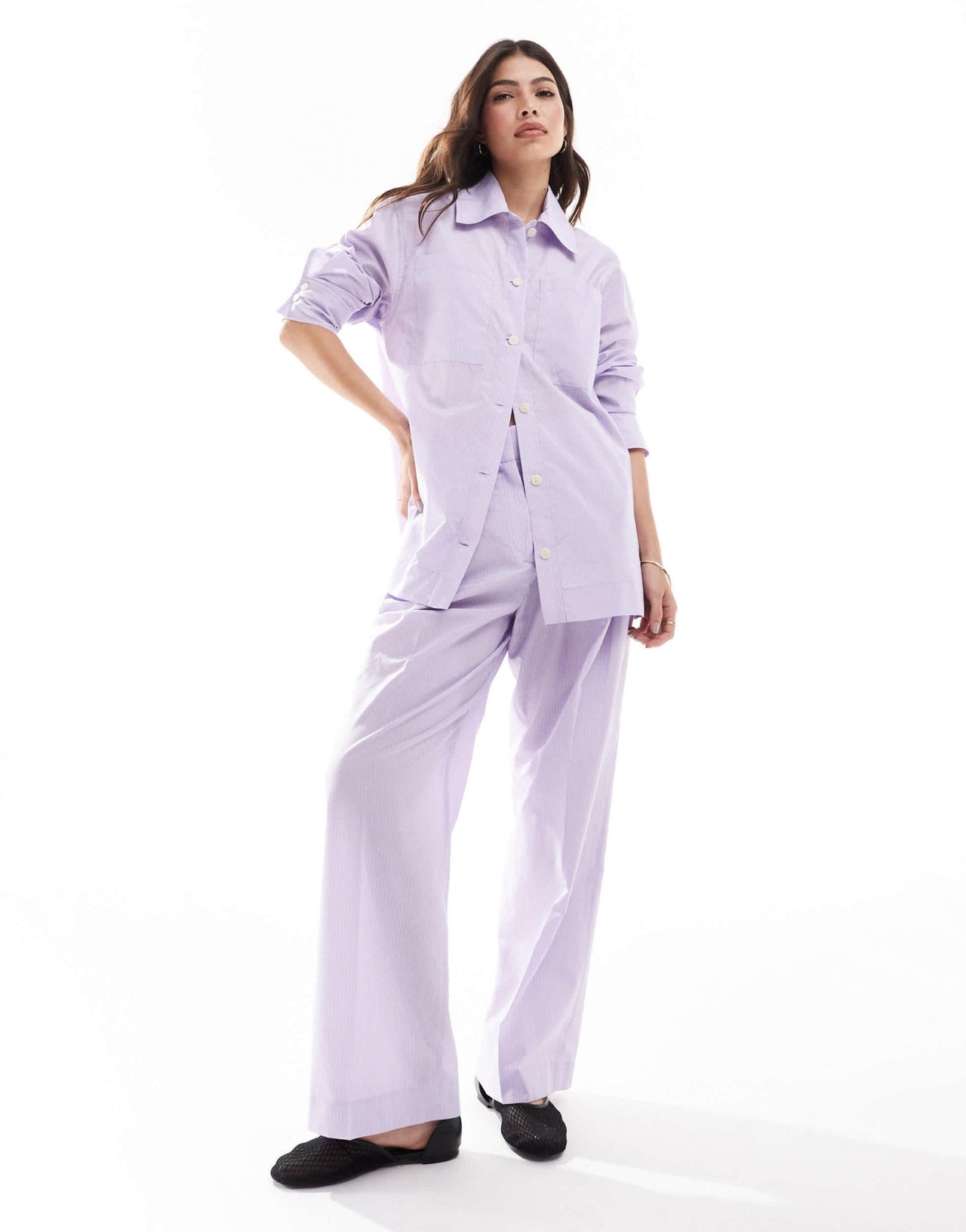 Mango oversized stripe co - ord shirt in lilac - ASOS Sample Sale