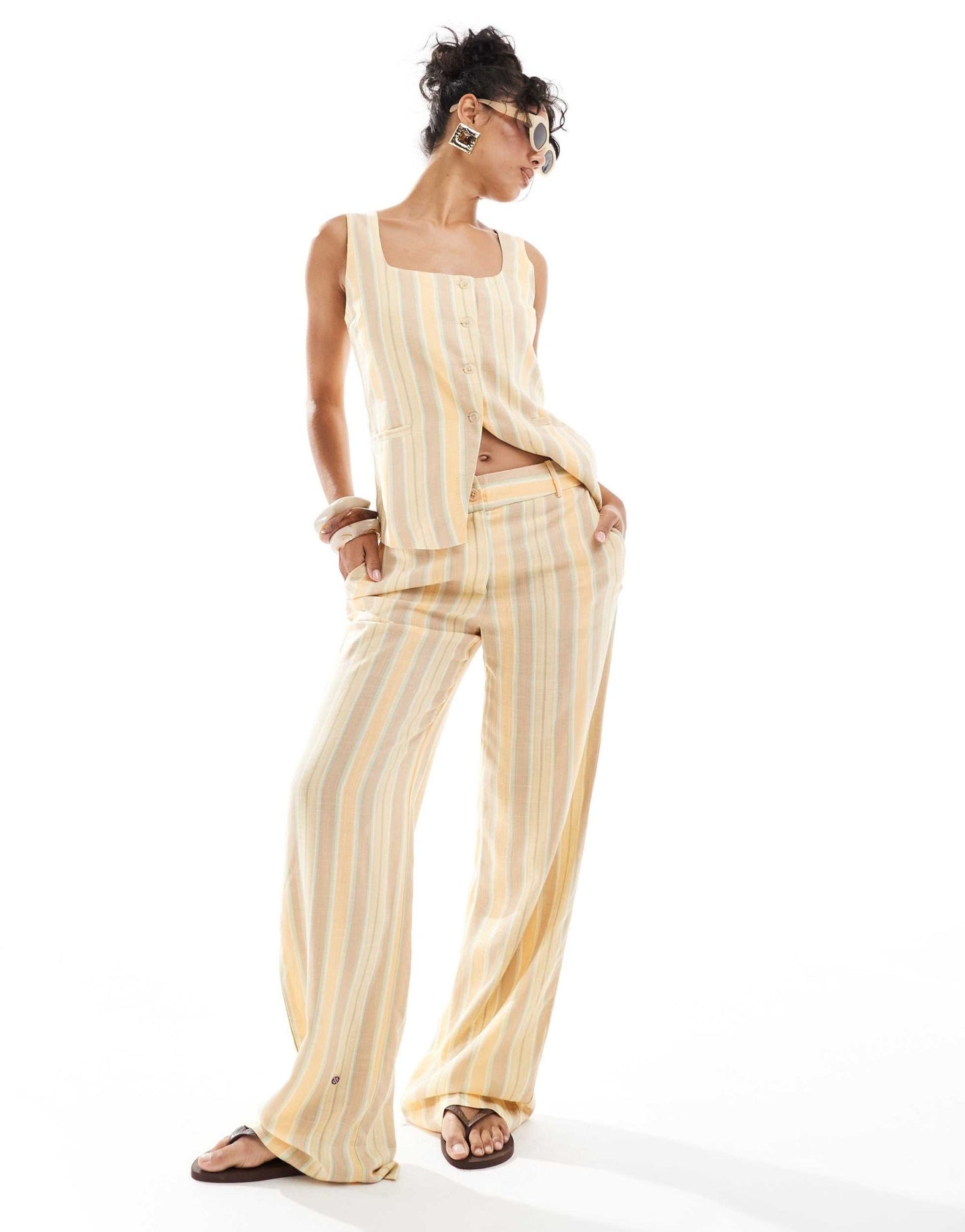 Mango pastel stripe straight leg trousers co - ord in yellow - ASOS Sample Sale