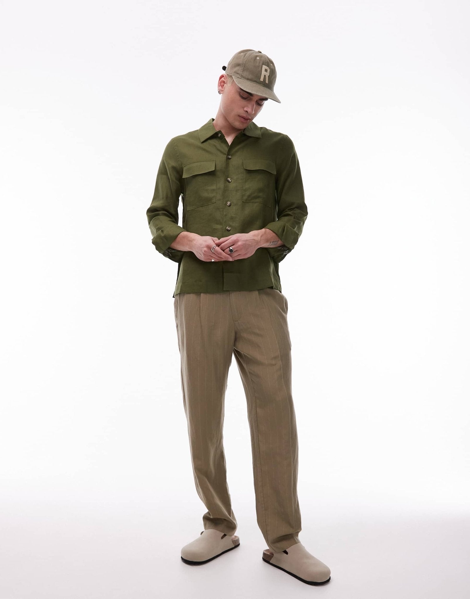 Mango premium linen shacket in pale green - ASOS Sample Sale