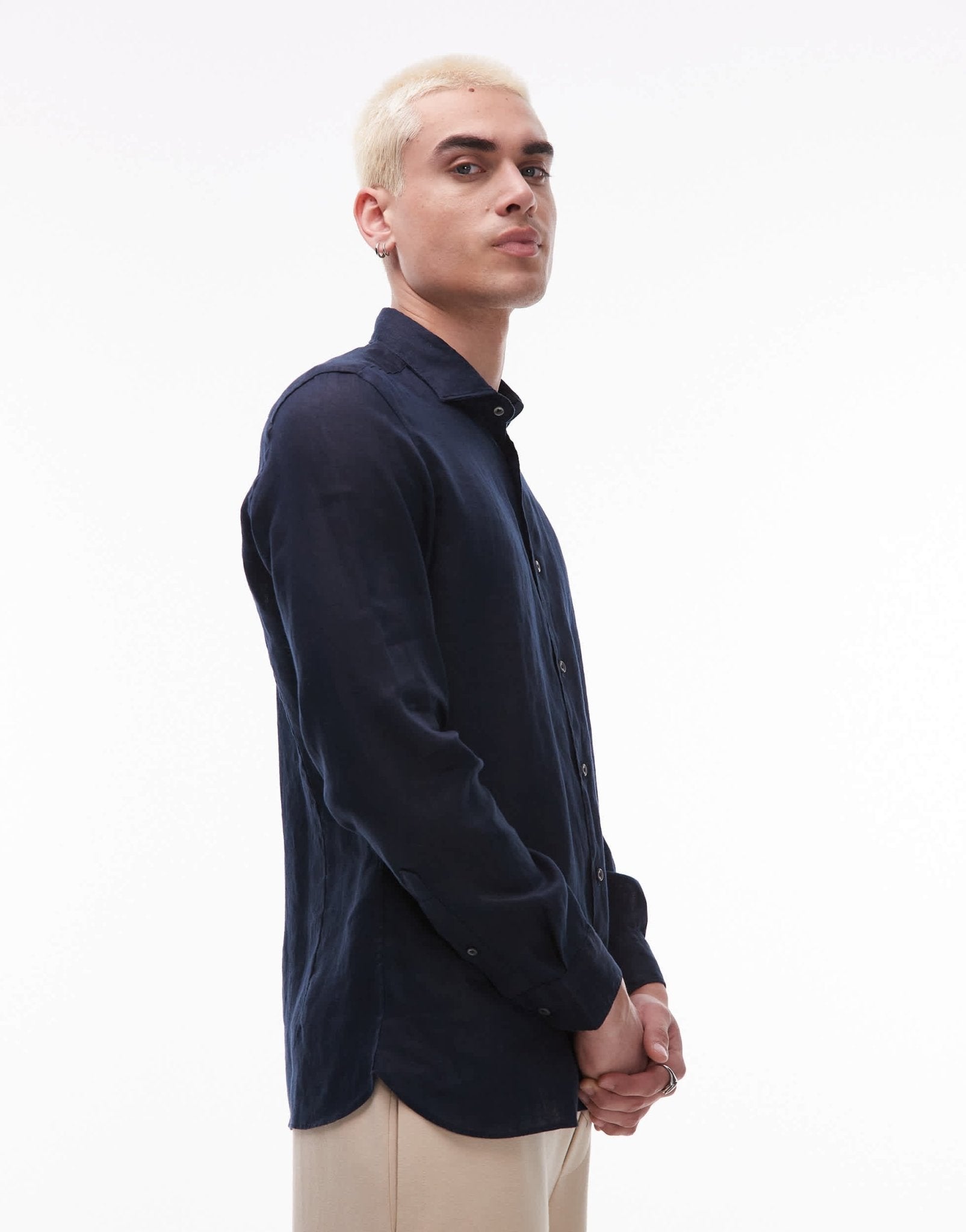 Mango premium linen shirt in navy - ASOS Sample Sale