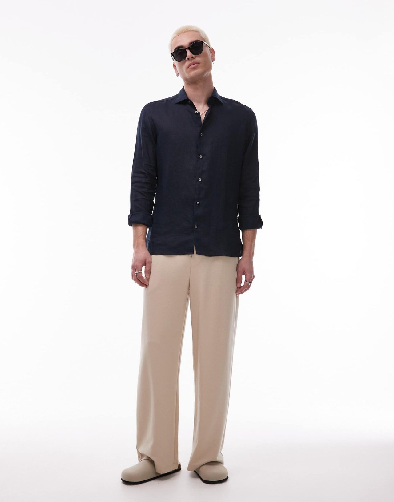 Mango premium linen shirt in navy - ASOS Sample Sale