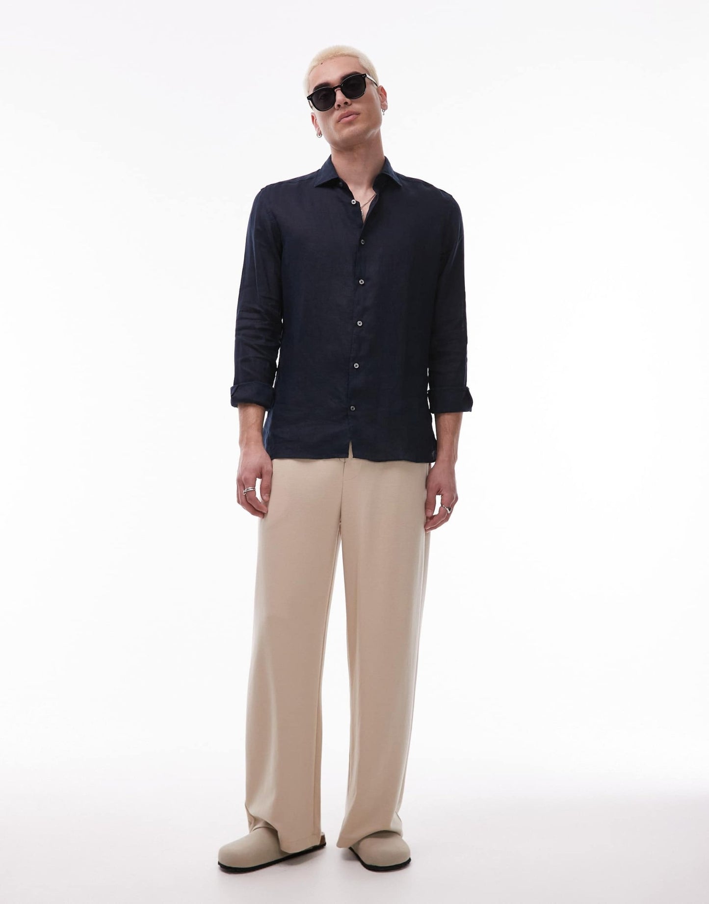 Mango premium linen shirt in navy - ASOS Sample Sale