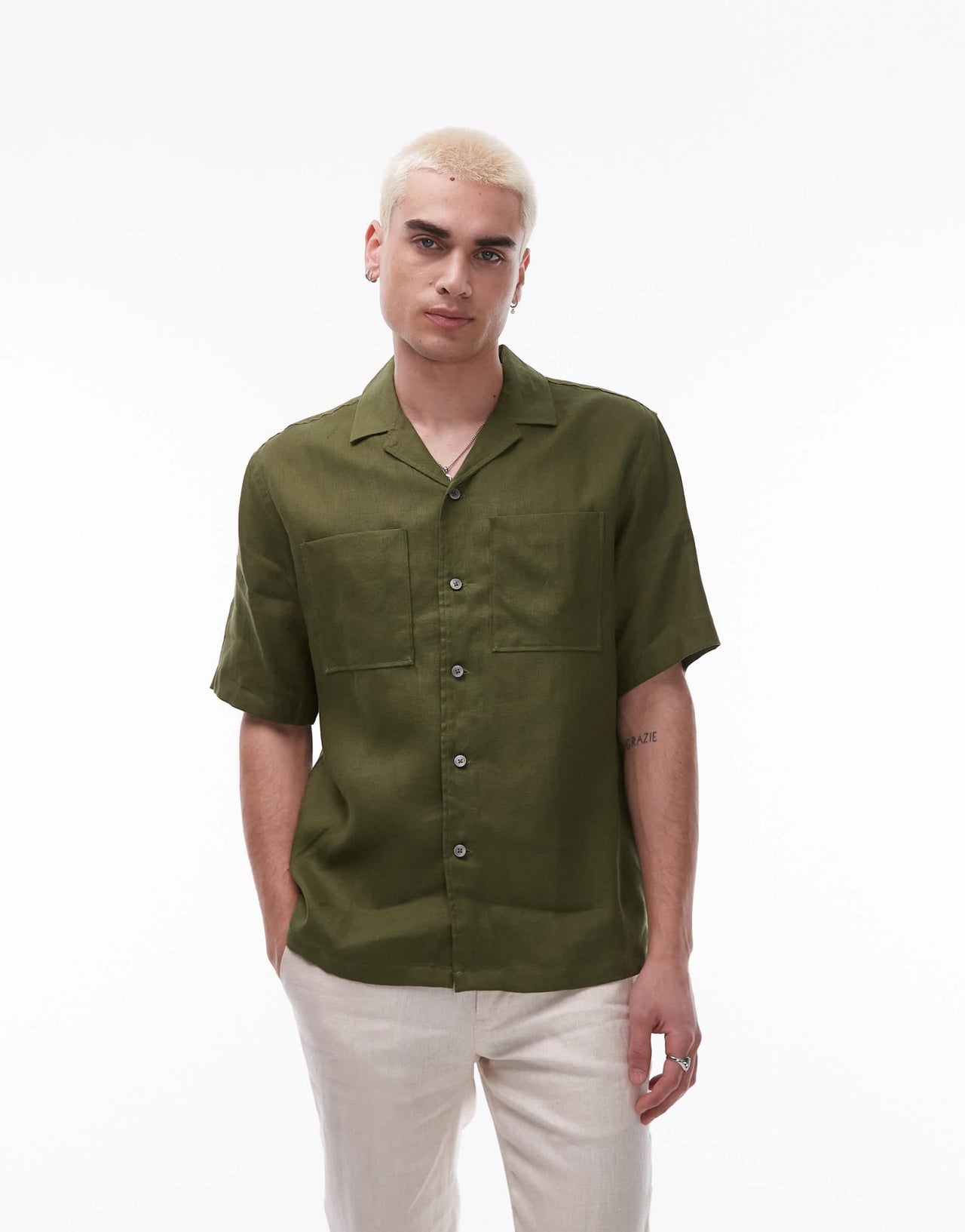 Mango premium linen short sleeve shirt in green - ASOS Sample Sale