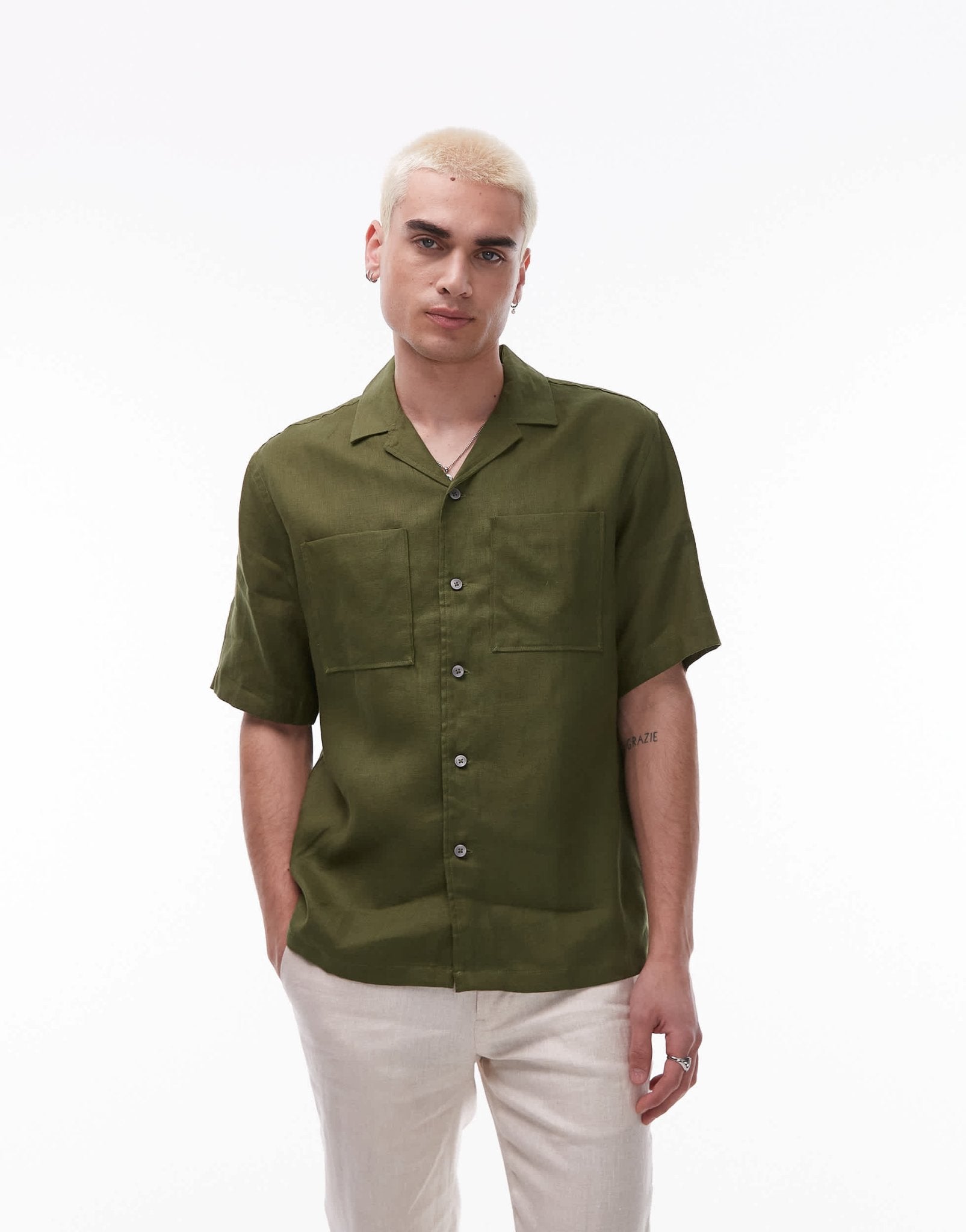 Mango premium linen short sleeve shirt in green - ASOS Sample Sale
