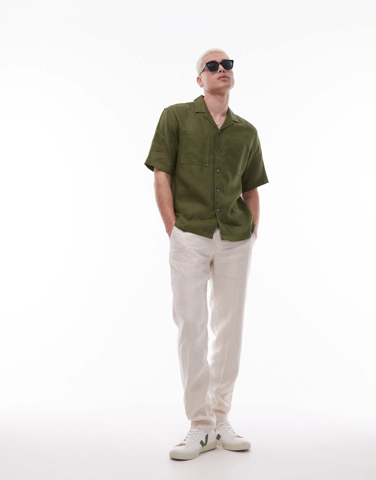 Mango premium linen short sleeve shirt in green - ASOS Sample Sale