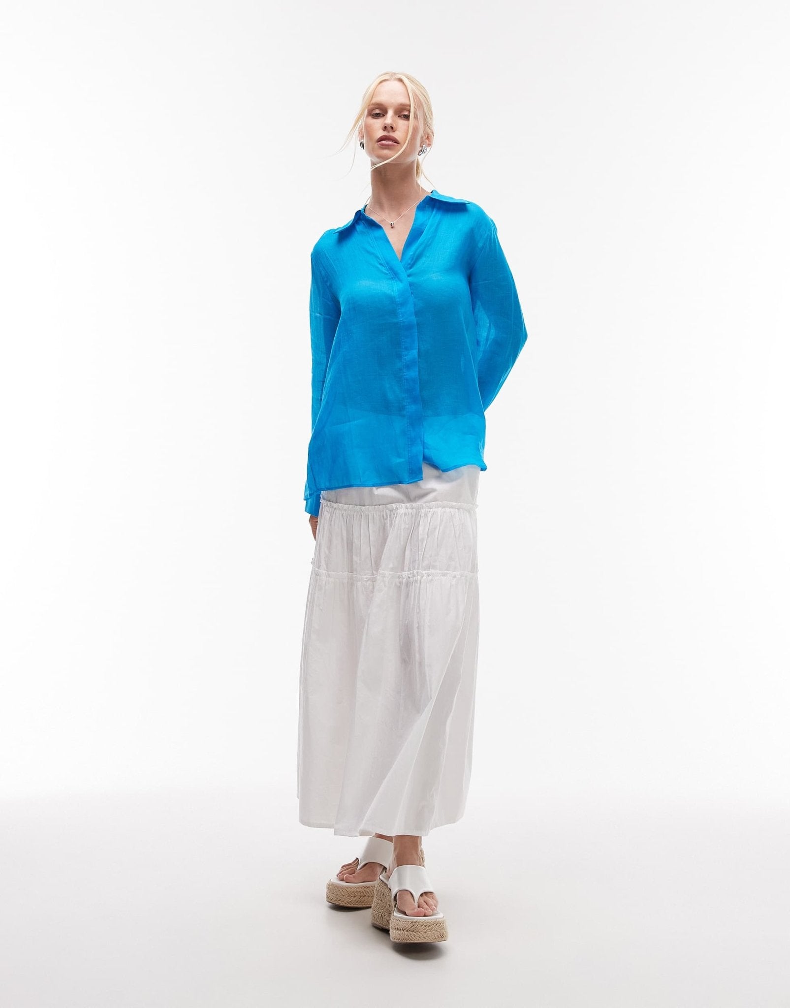 Mango ramie semi sheer long sleeve shirt in bright blue - ASOS Sample Sale