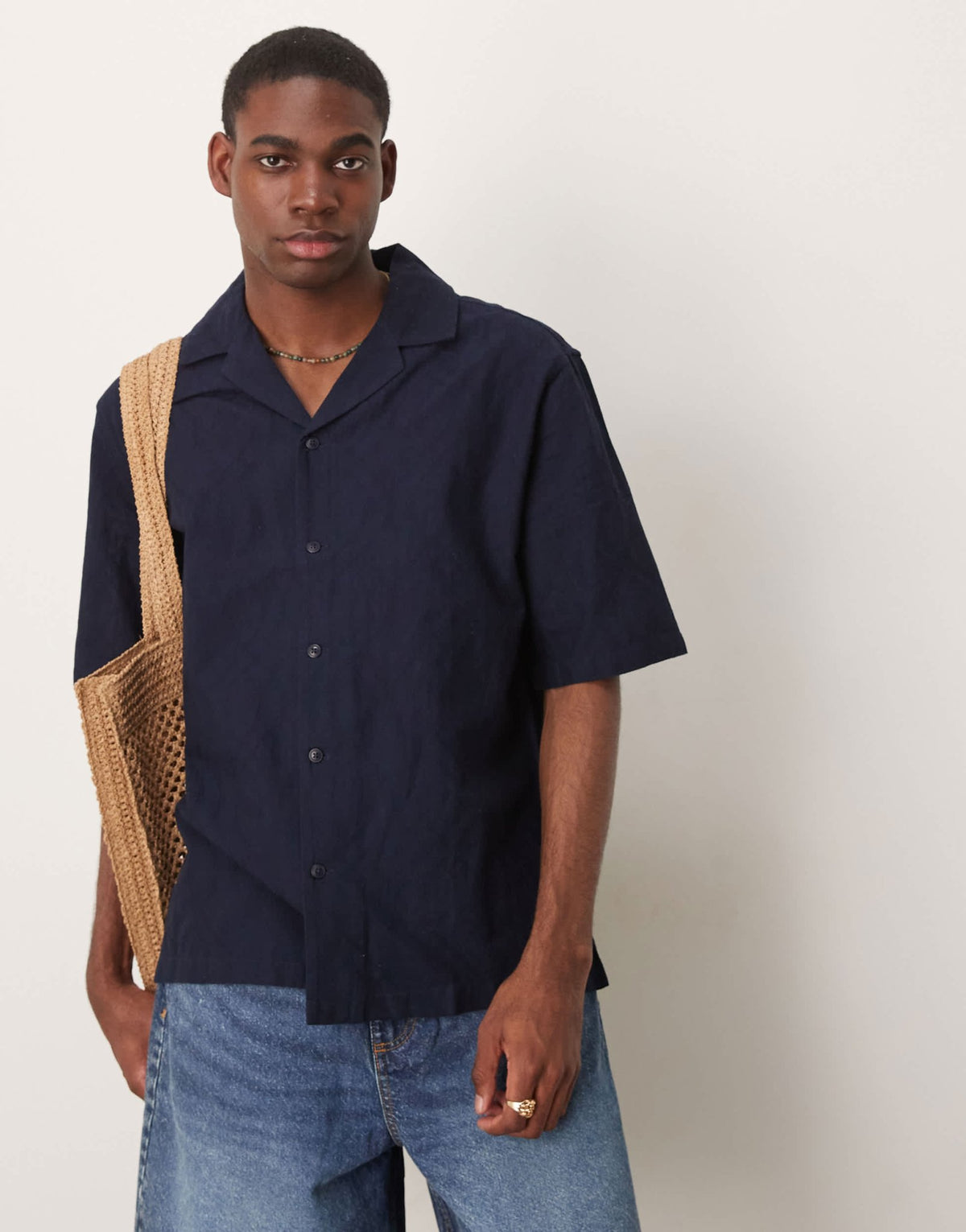 Mango revere collar regular fit shirt in navy - ASOS Sample Sale
