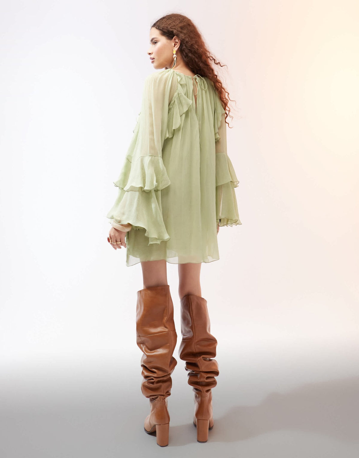 Mango ruffle and pleat front woven mini dress in pistachio – ASOS ...