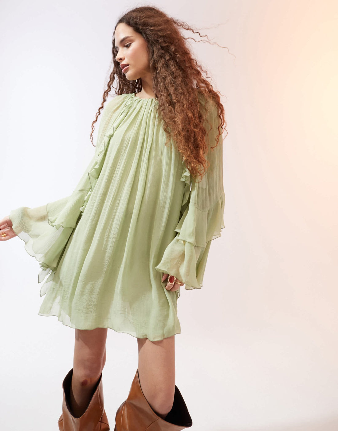 Mango ruffle and pleat front woven mini dress in pistachio – ASOS ...