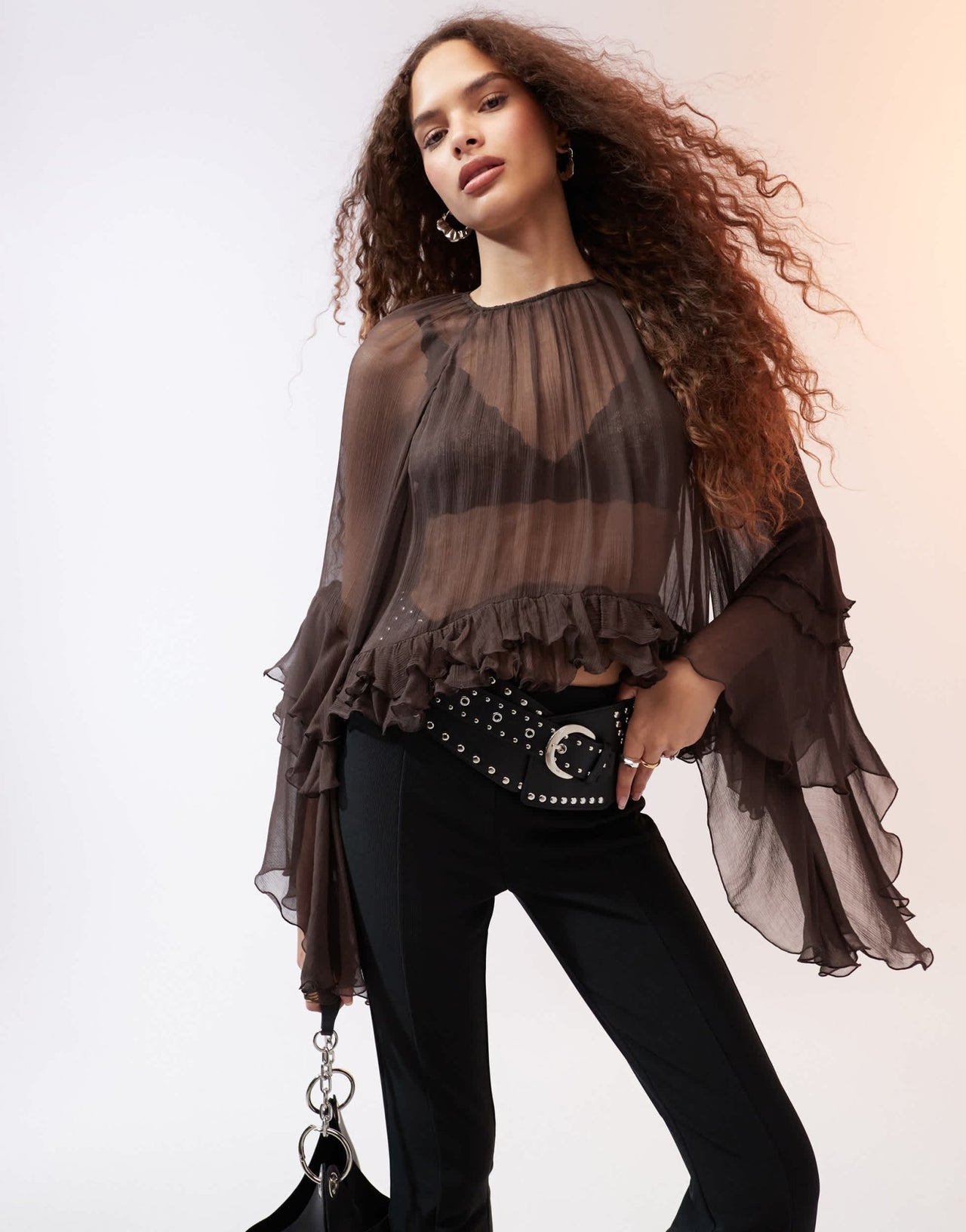 Mango ruffle hem blouse in dark brown - ASOS Sample Sale