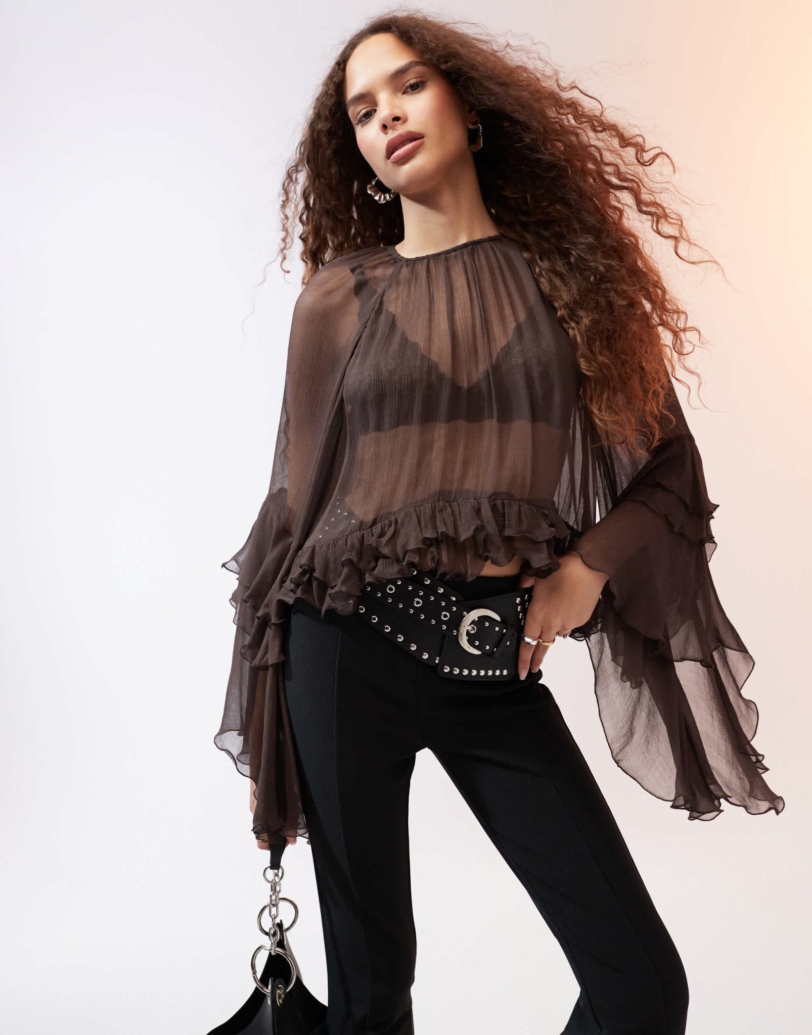 Mango ruffle hem blouse in dark brown - ASOS Sample Sale