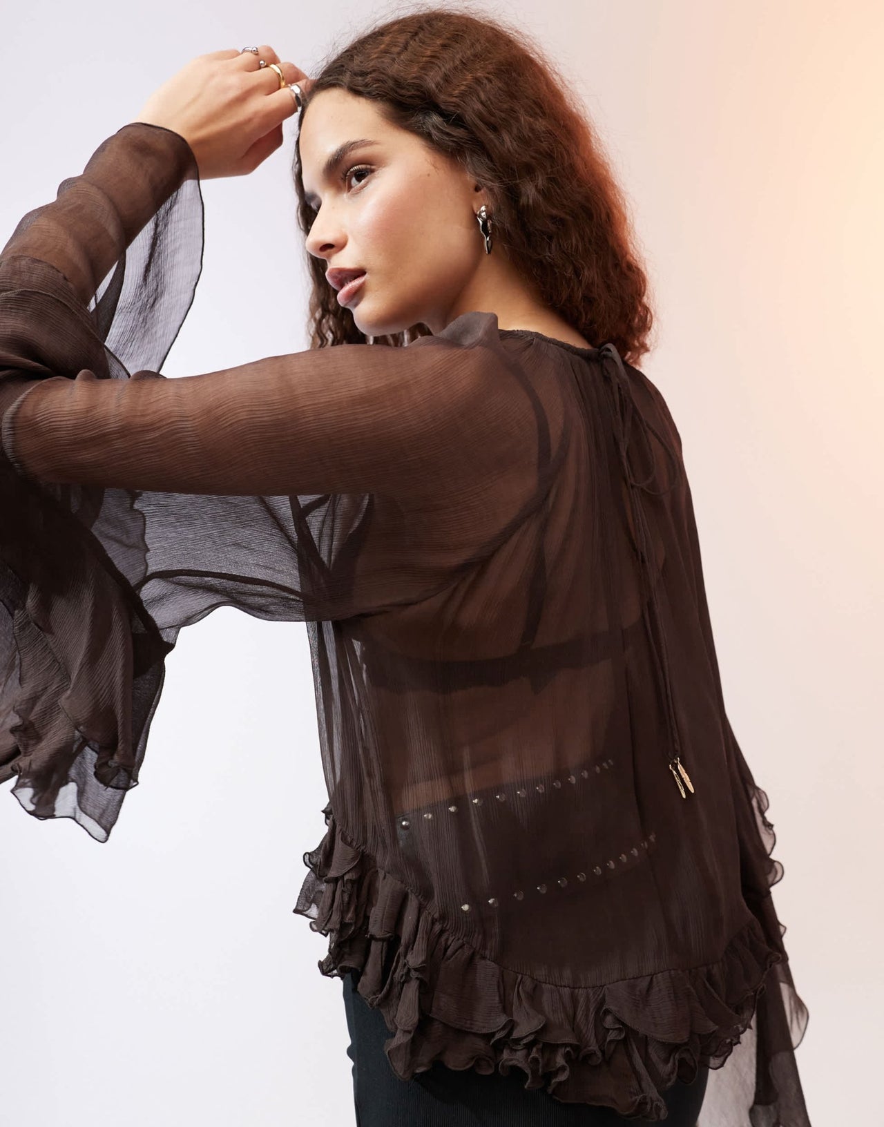Mango ruffle hem blouse in dark brown - ASOS Sample Sale