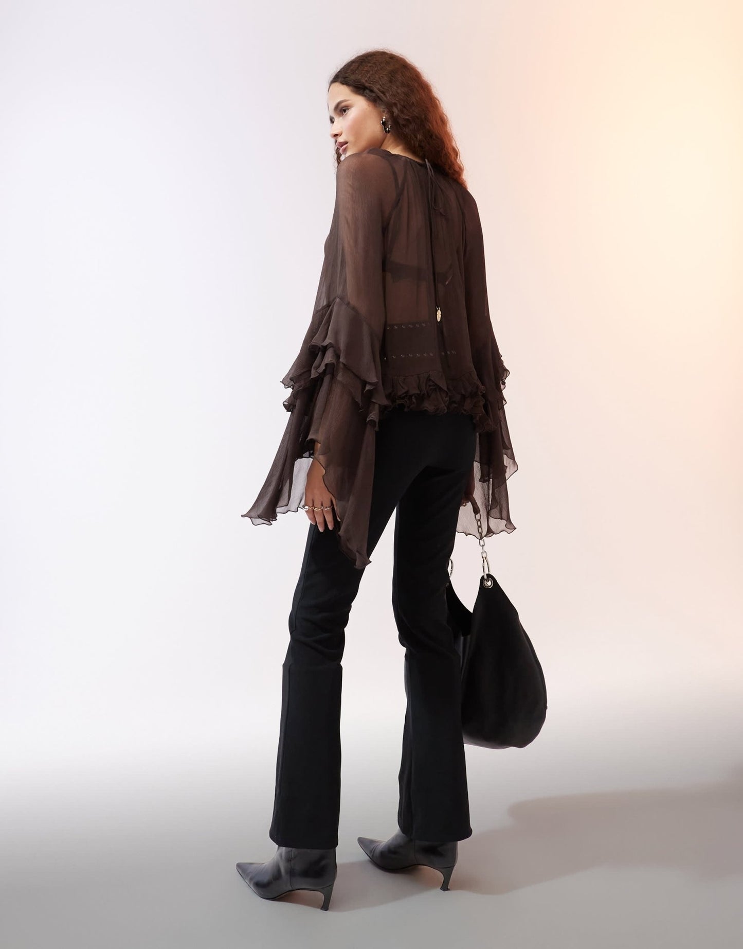 Mango ruffle hem blouse in dark brown - ASOS Sample Sale
