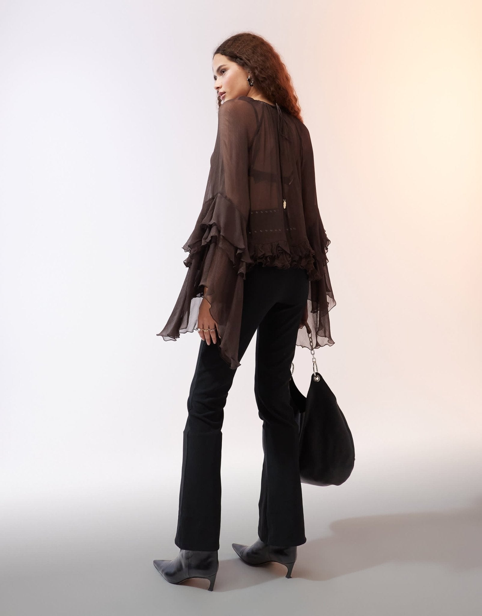 Mango ruffle hem blouse in dark brown - ASOS Sample Sale