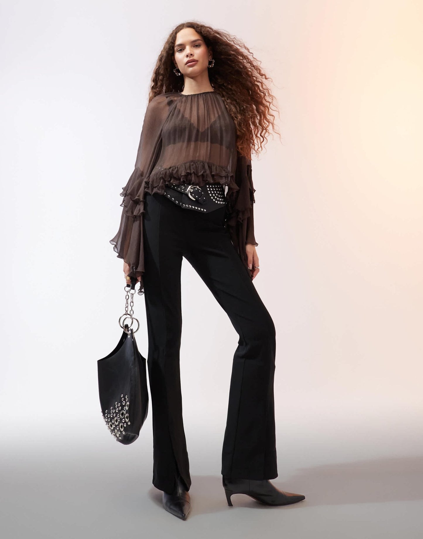 Mango ruffle hem blouse in dark brown - ASOS Sample Sale