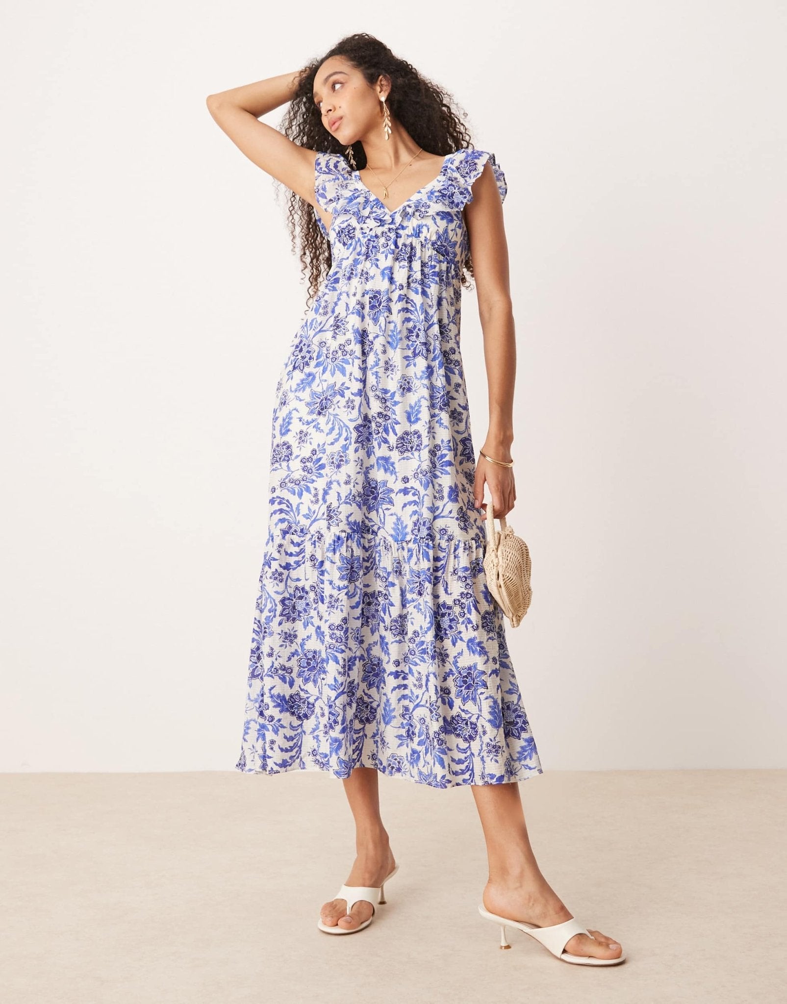Mango ruffle sleeve midi dress in blue botanical print - ASOS Sample Sale