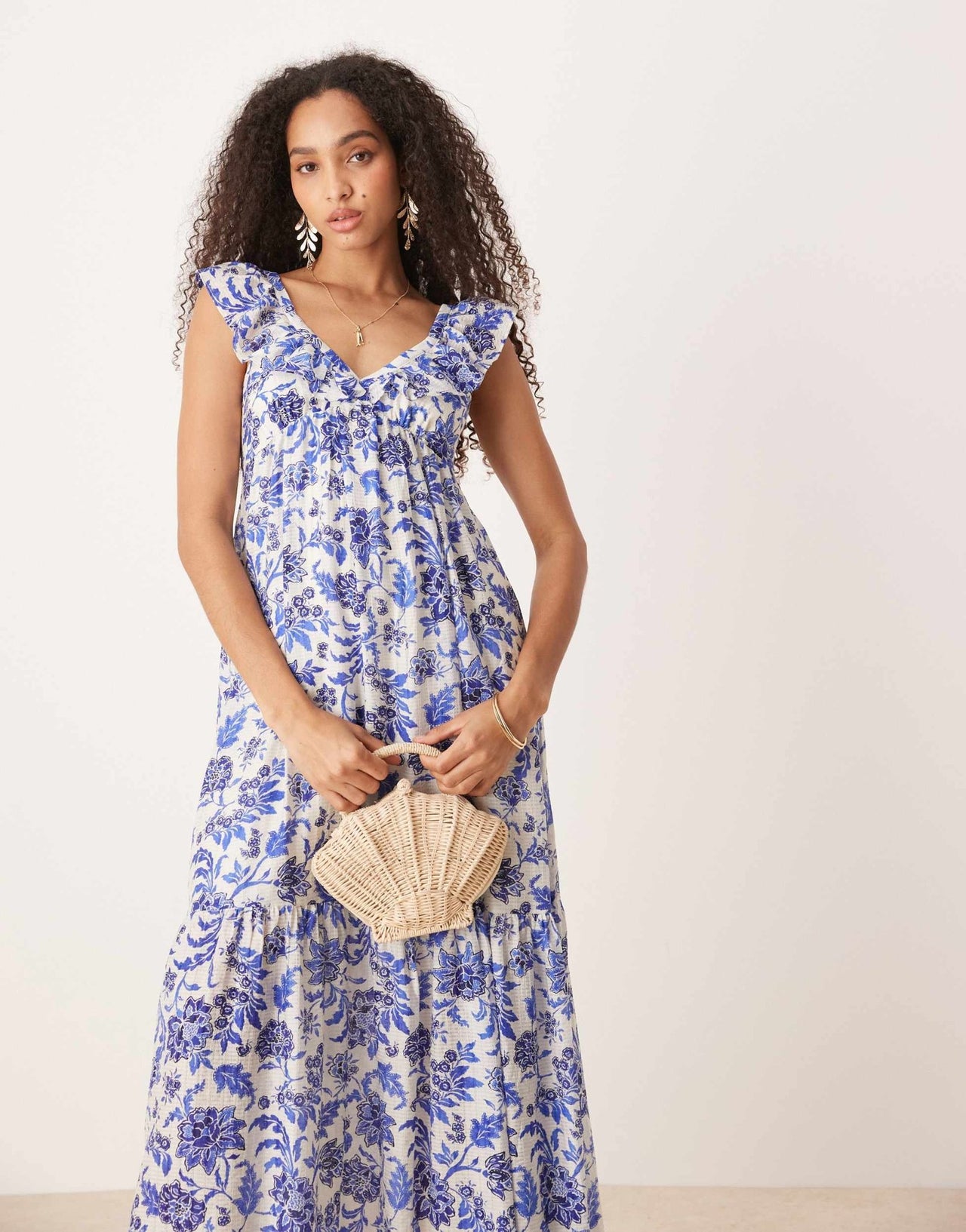 Mango ruffle sleeve midi dress in blue botanical print - ASOS Sample Sale