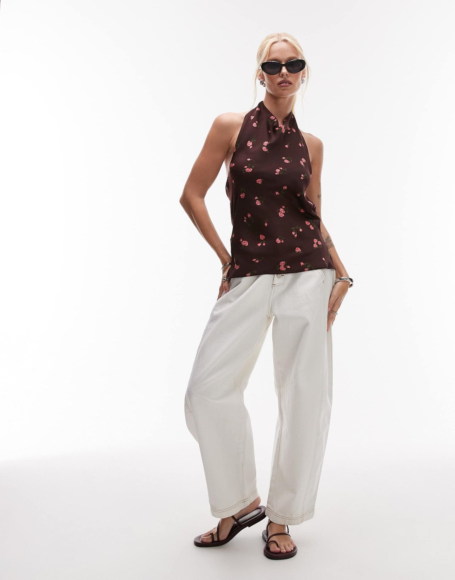 Mango satin open back drape neck floral print top in chocolate - ASOS Sample Sale