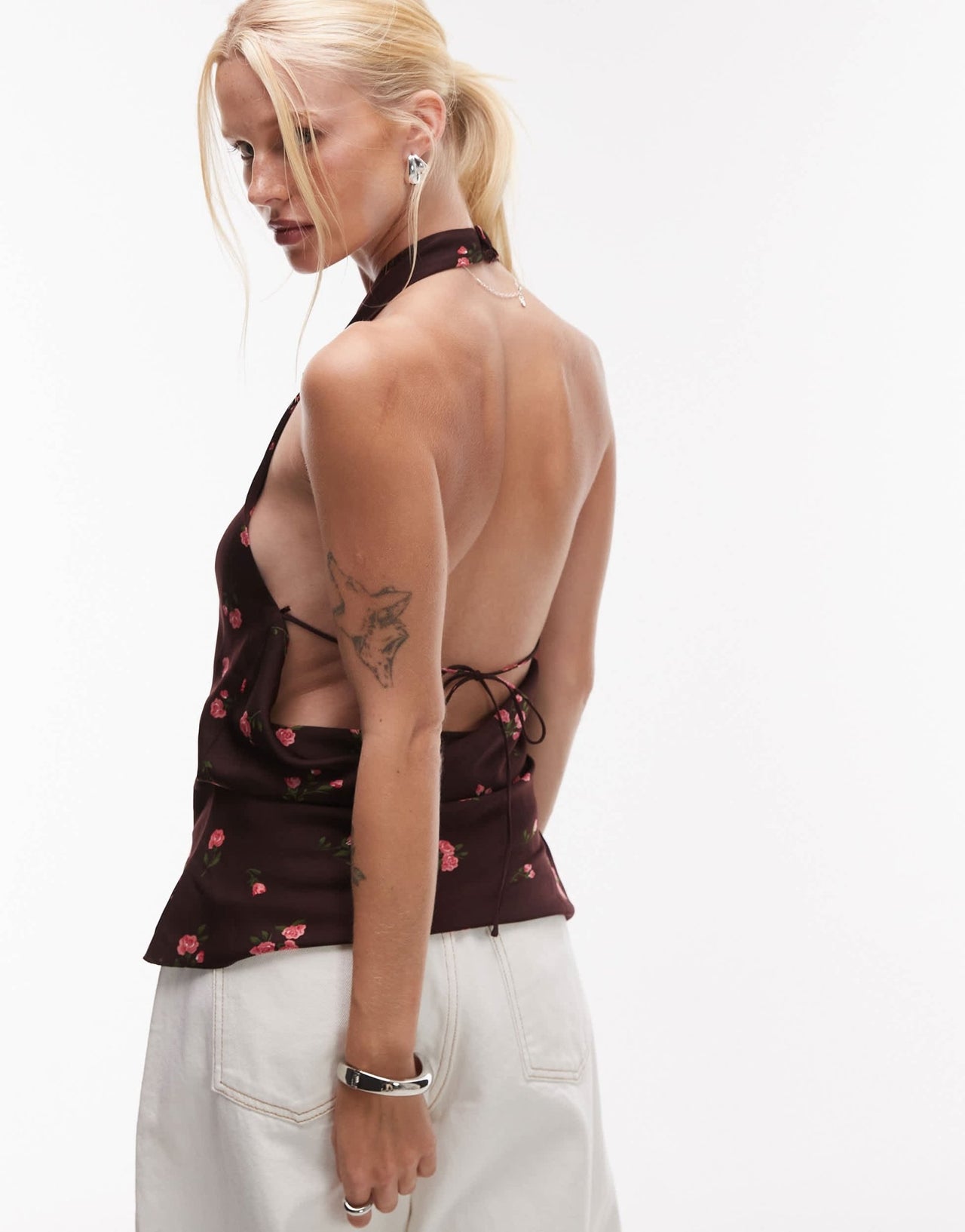 Mango satin open back drape neck floral print top in chocolate - ASOS Sample Sale