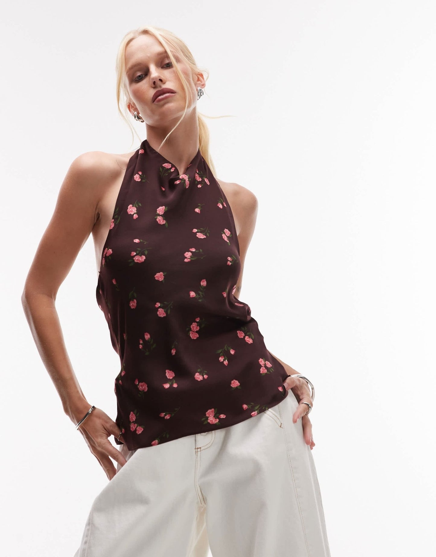 Mango satin open back drape neck floral print top in chocolate - ASOS Sample Sale