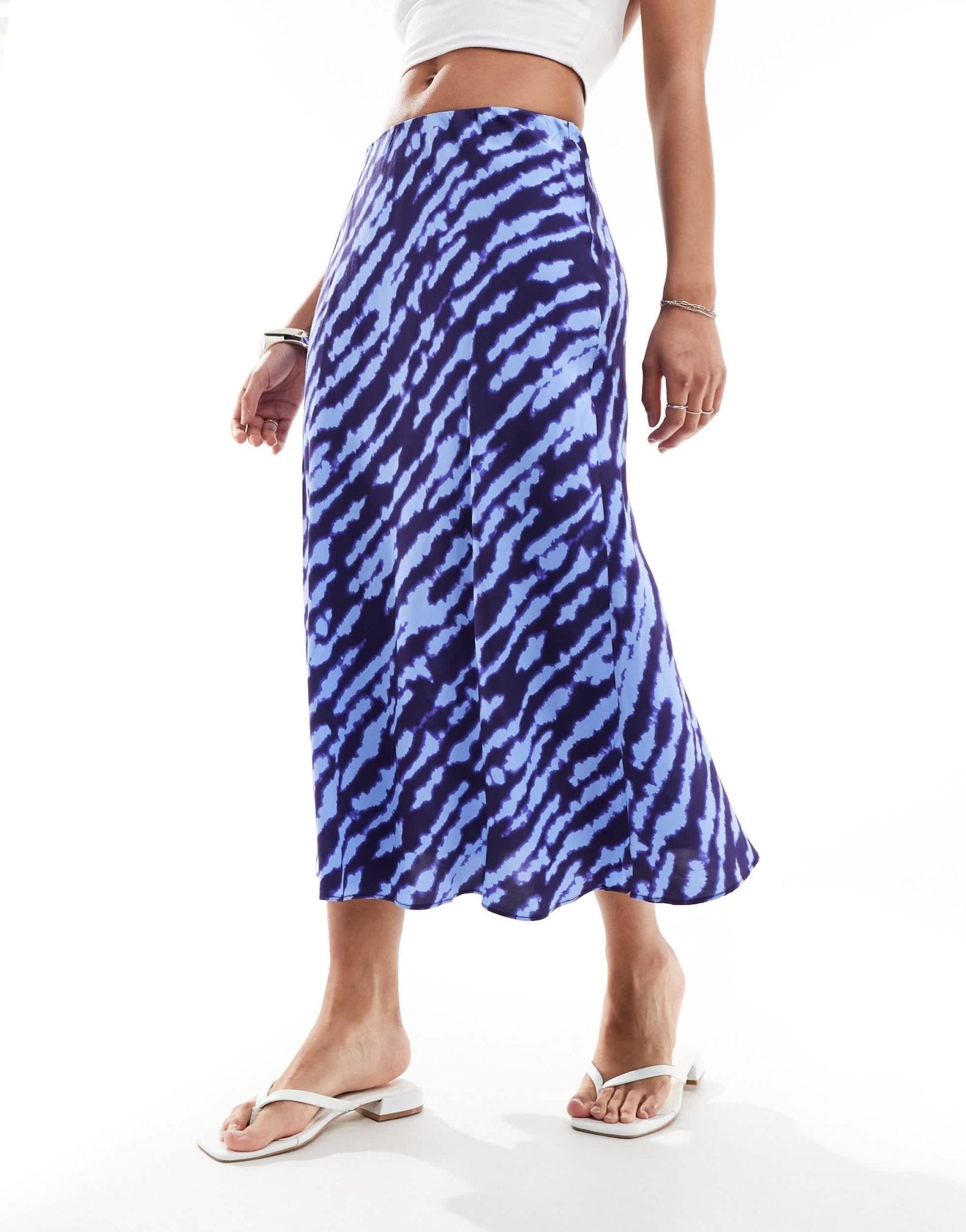 Mango satin printed midi skirt in blue - ASOS Sample Sale