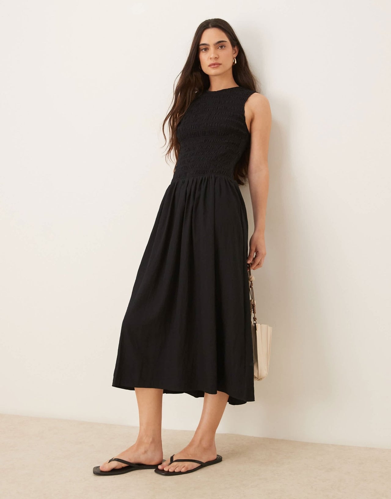 Mango shirred body dropped waist midi dress in black - ASOS Sample Sale