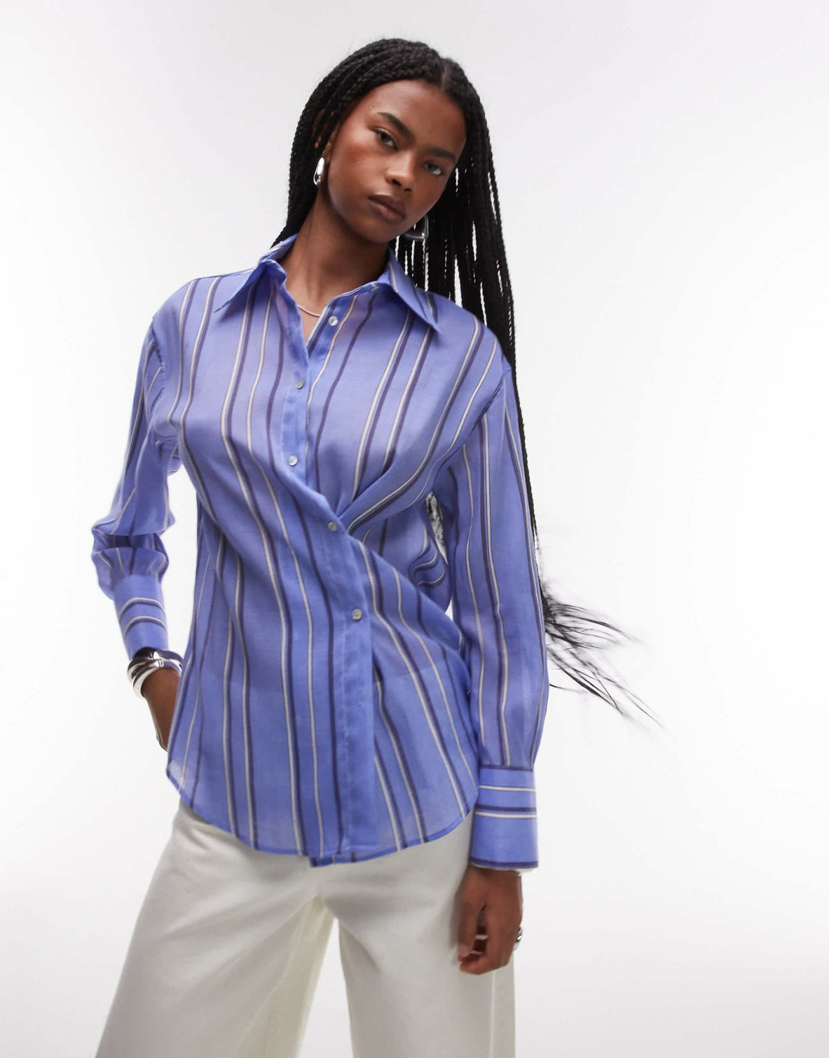 Mango shirt with asymetric button detail in blue stripe - ASOS Sample Sale