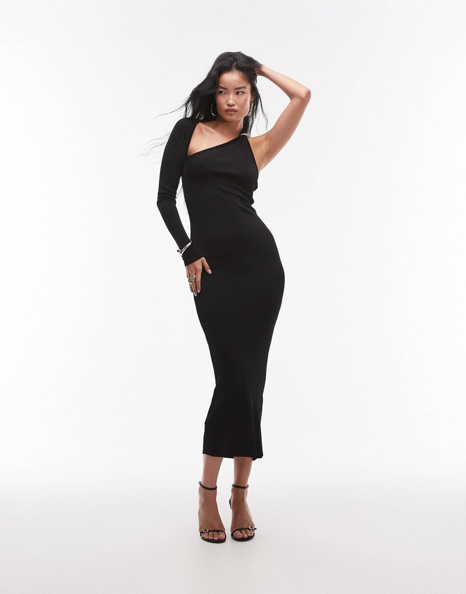 Mango shoulder cut out midi dress in black - ASOS Sample Sale