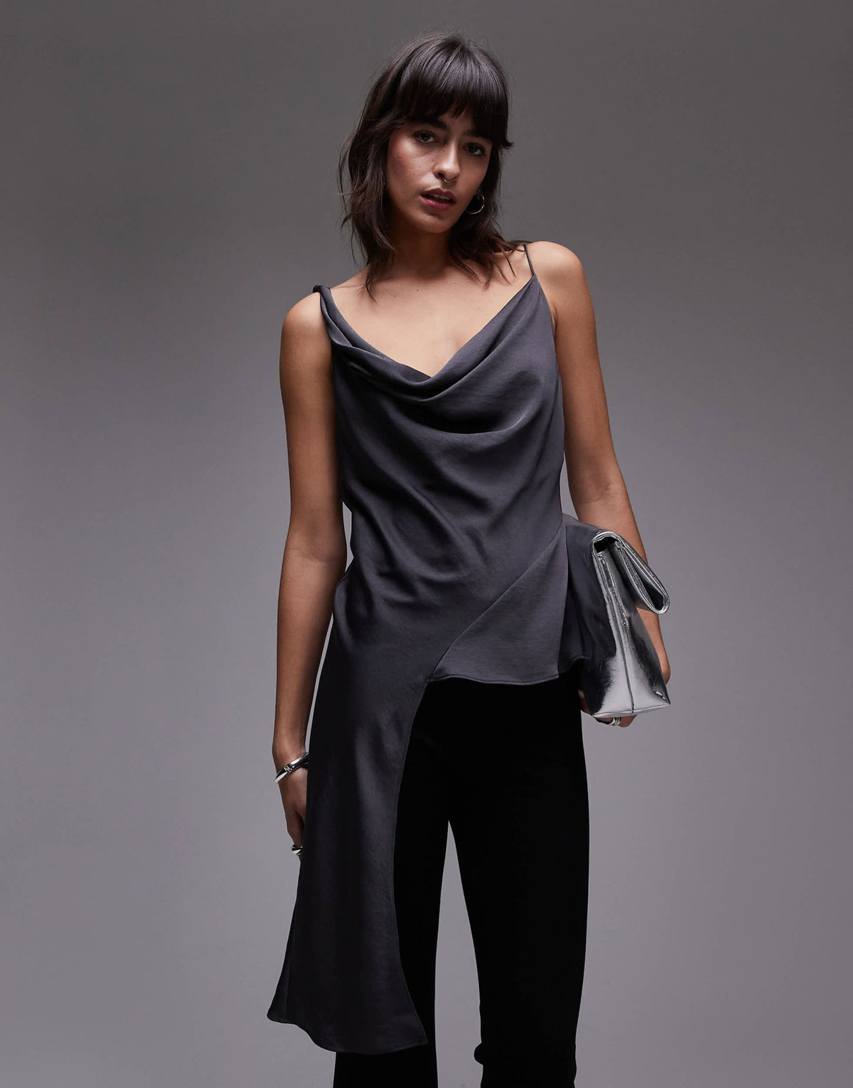 Mango silky aysmmetric drape top in grey - ASOS Sample Sale