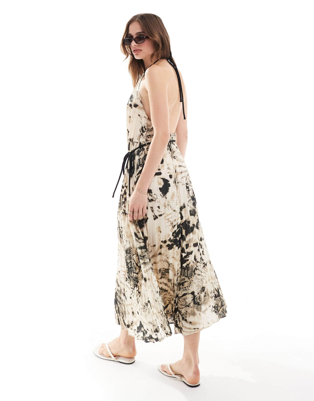 Mango snake print halterneck pleated midi dress in grey - ASOS Sample Sale