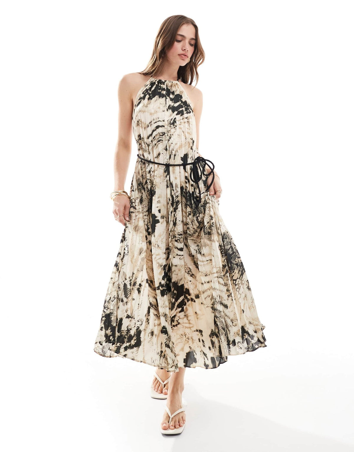 Mango snake print halterneck pleated midi dress in grey - ASOS Sample Sale