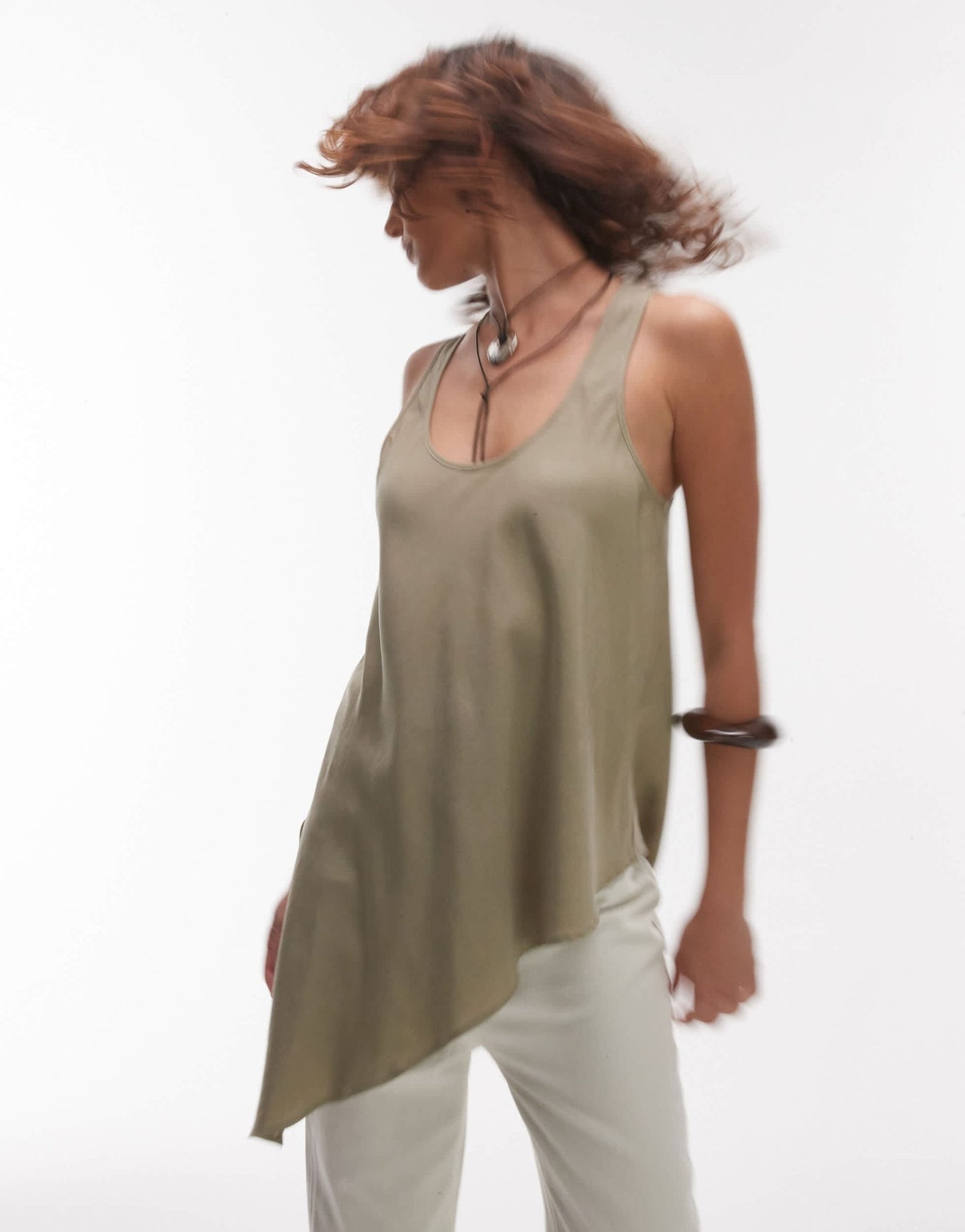 Mango soft touch aysmmetric hem top in green - ASOS Sample Sale