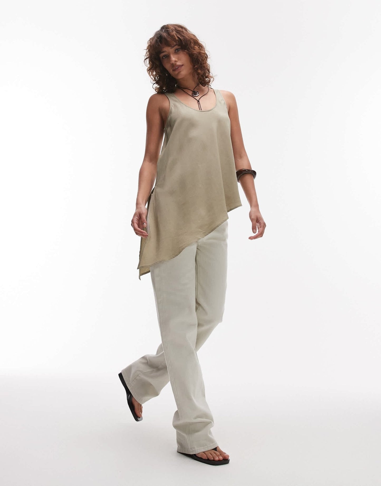 Mango soft touch aysmmetric hem top in green - ASOS Sample Sale