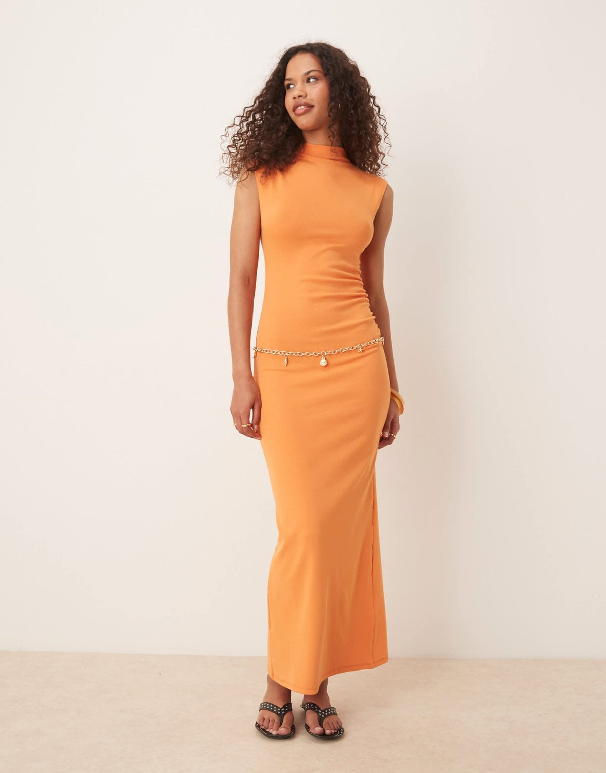 Mango soft touch modal mix slim fit maxi dress with high neck in orange - ASOS Sample Sale