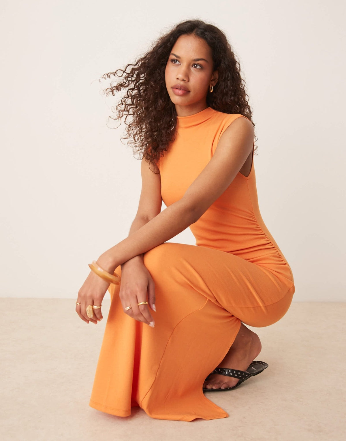 Mango soft touch modal mix slim fit maxi dress with high neck in orange - ASOS Sample Sale