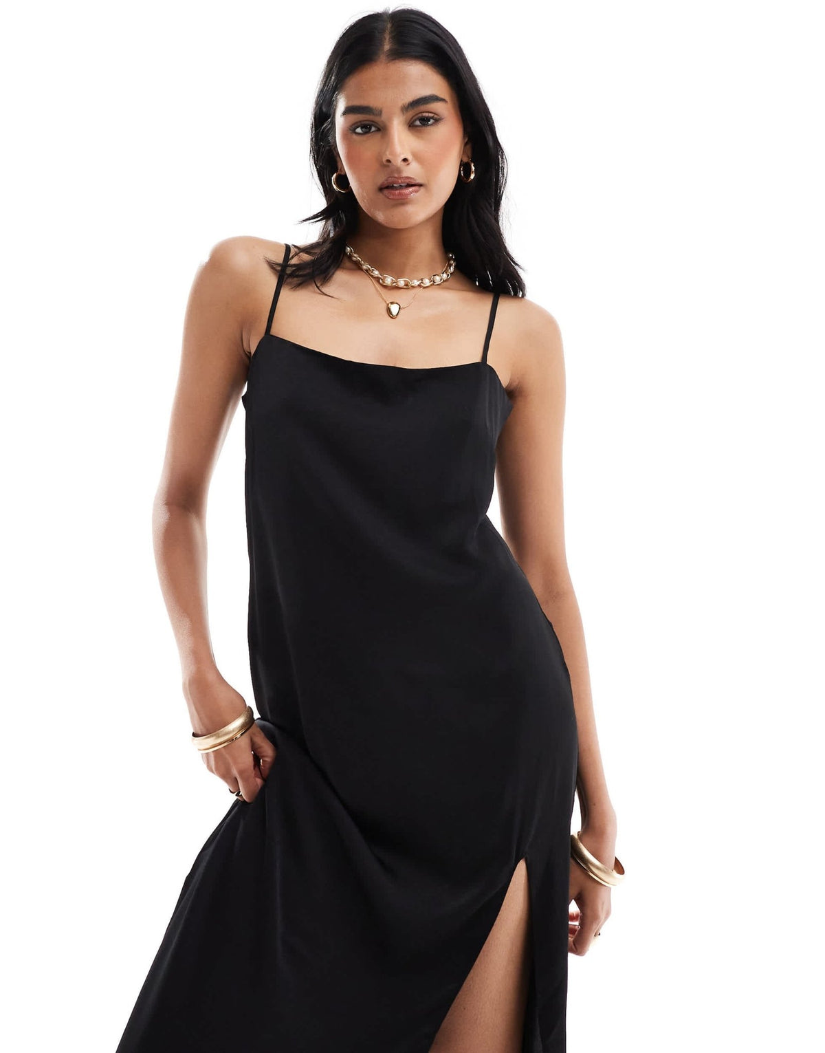 Mango split front cami midi dress in black - ASOS Sample Sale