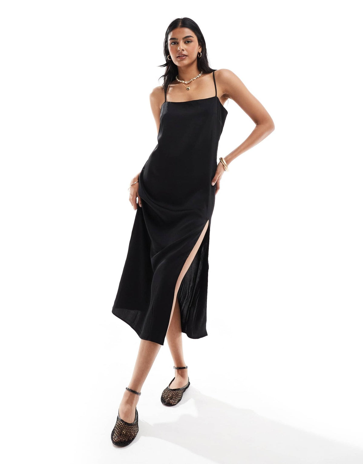 Mango split front cami midi dress in black - ASOS Sample Sale