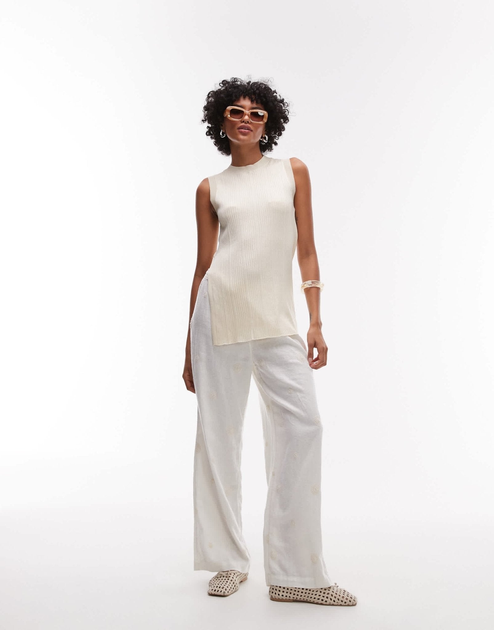 Mango split side longline knitted sleeveless top in ecru - ASOS Sample Sale