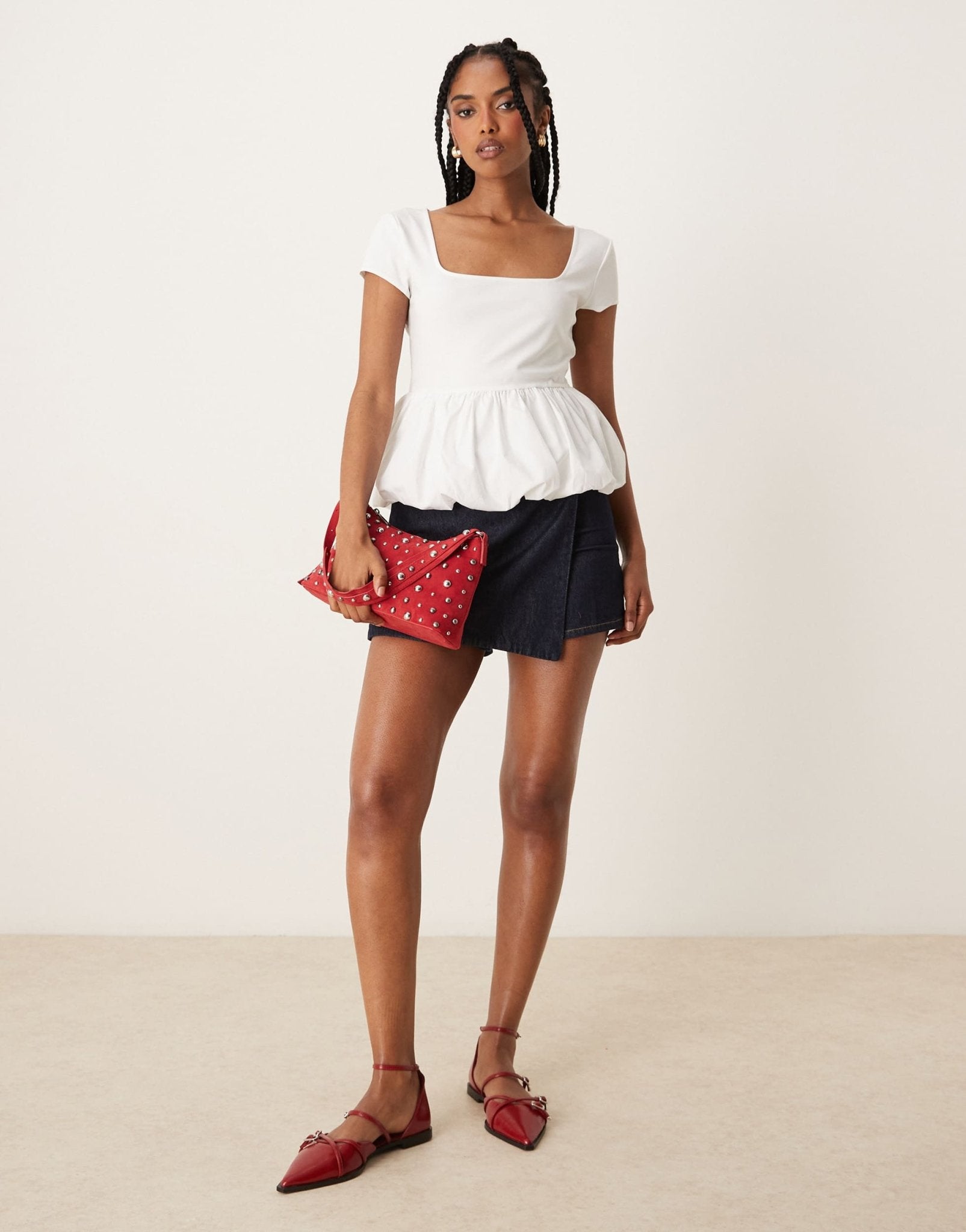 Mango square neck short sleeve ruffle hem top in white - ASOS Sample Sale