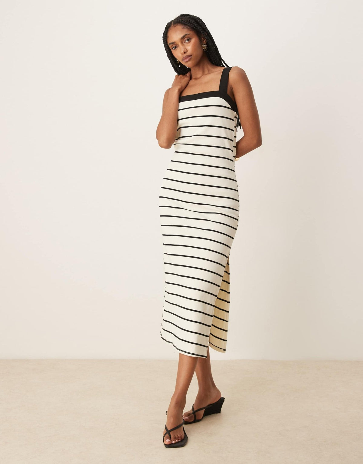 Mango square neck striped straight fit midaxi dress in white - ASOS Sample Sale