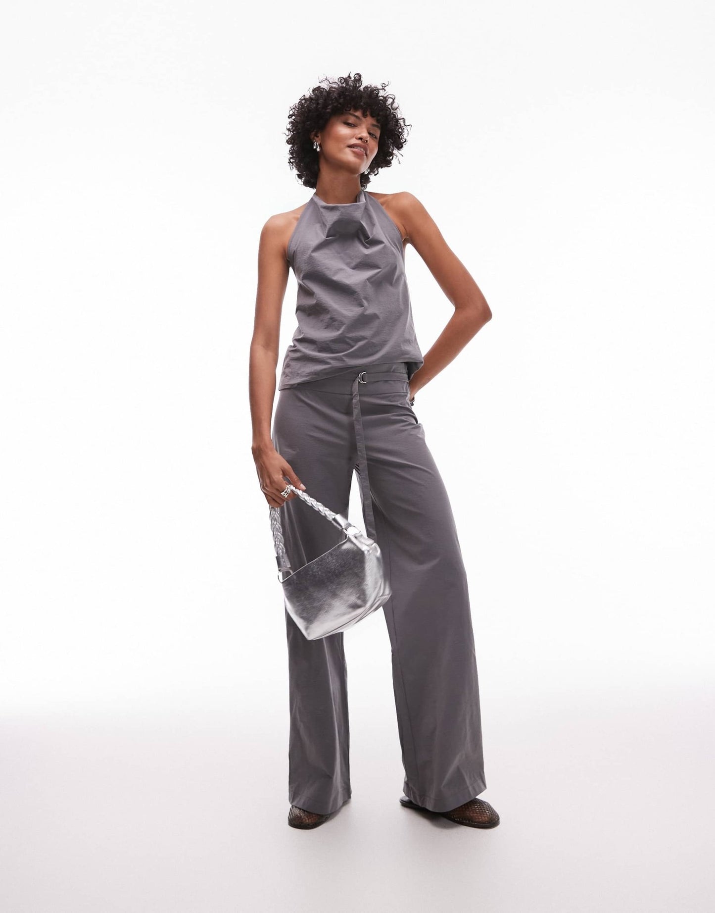Mango straight leg bengaline trousers with hoop detail belted waist co-ord in grey - ASOS Sample Sale