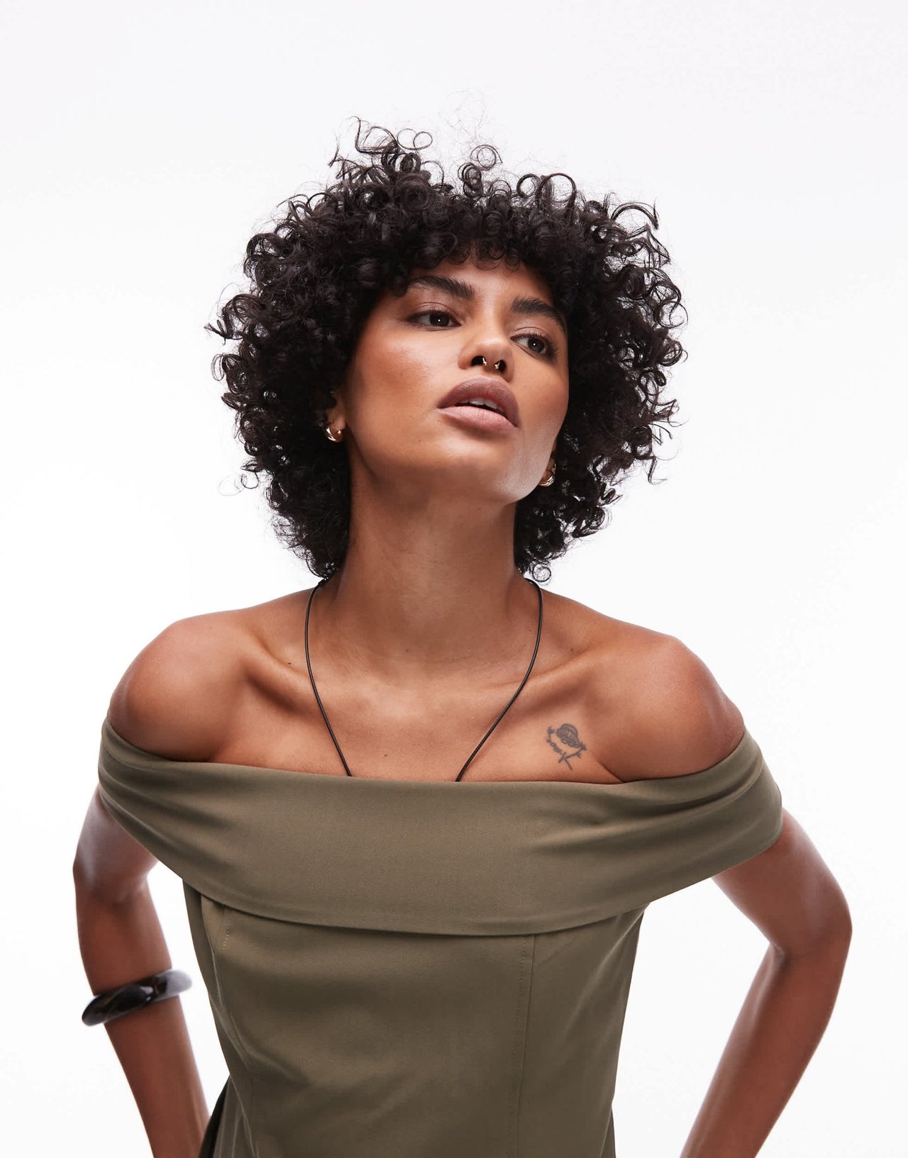 Mango structured longline bardot top in khaki - ASOS Sample Sale