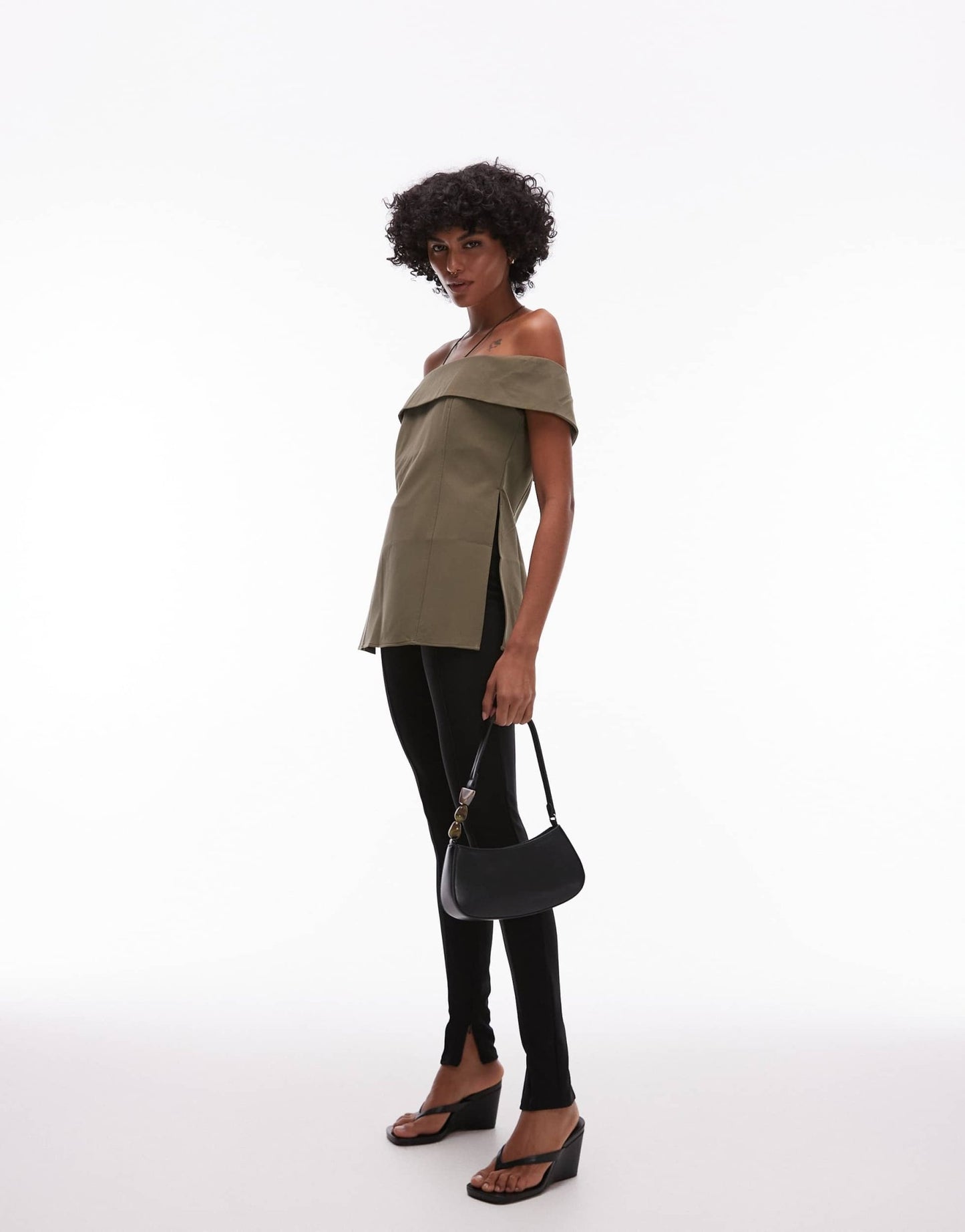 Mango structured longline bardot top in khaki - ASOS Sample Sale