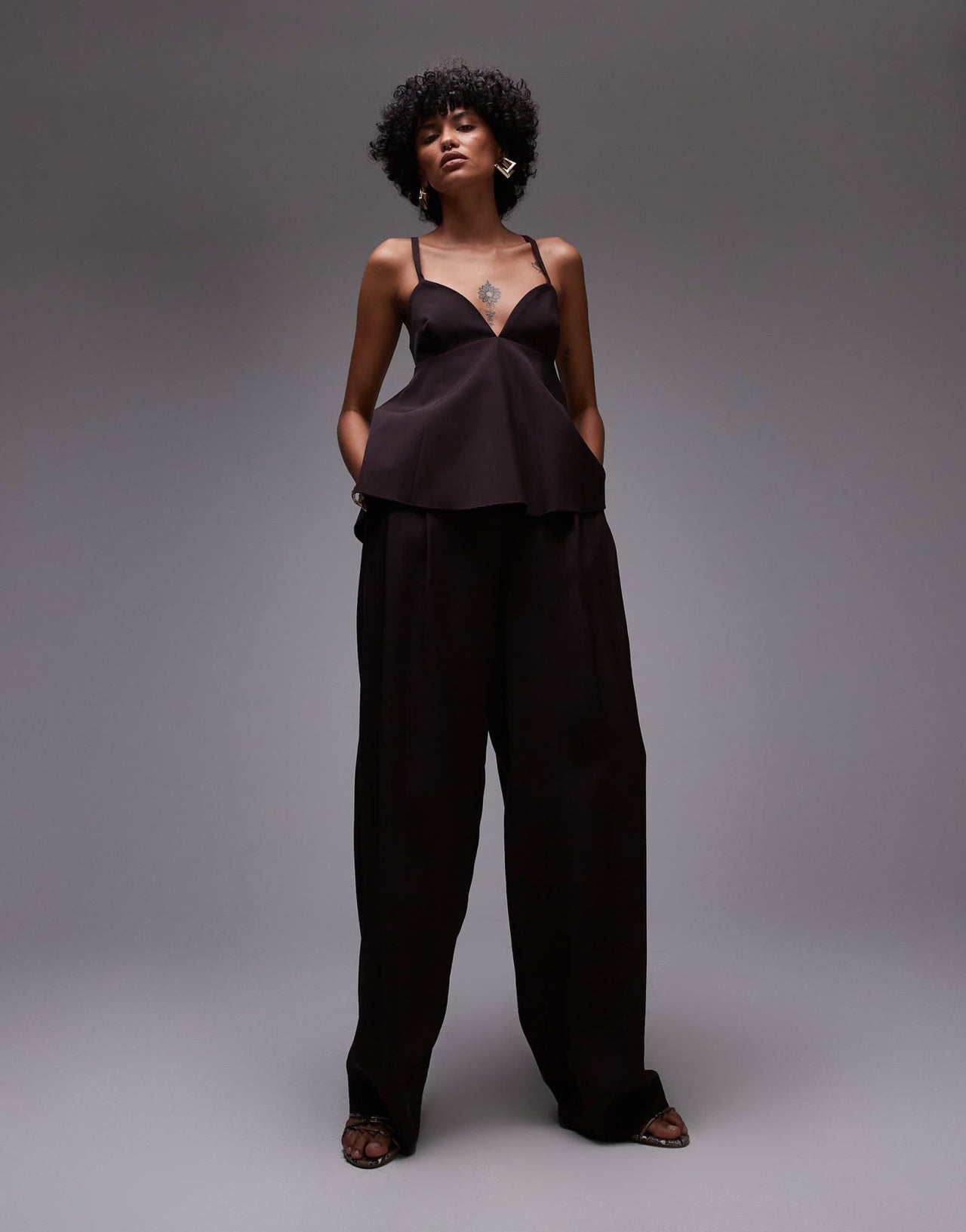Mango structured open back peplem hem top co-ord in chocolate - ASOS Sample Sale