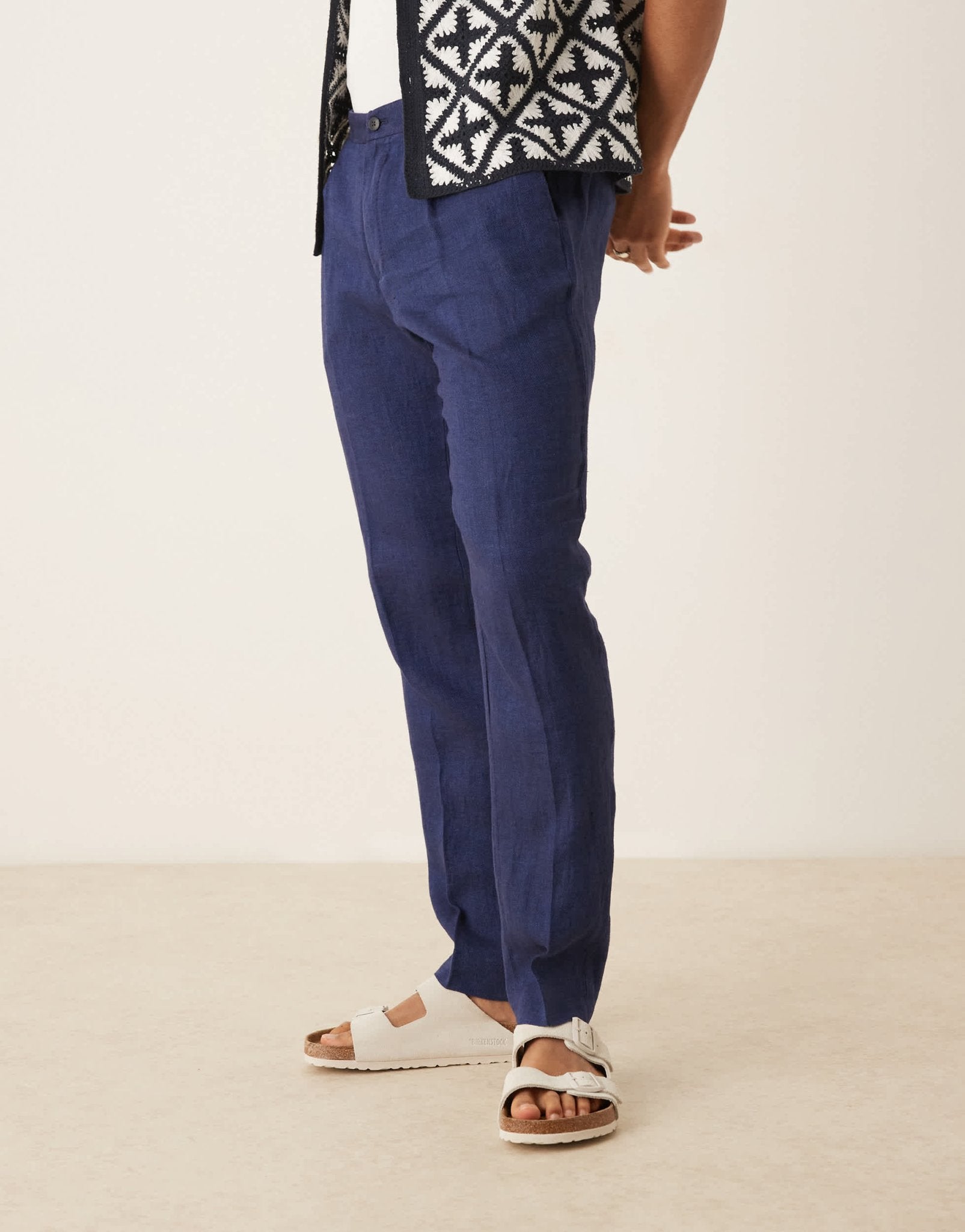 Mango tailored linen trouser in navy - ASOS Sample Sale