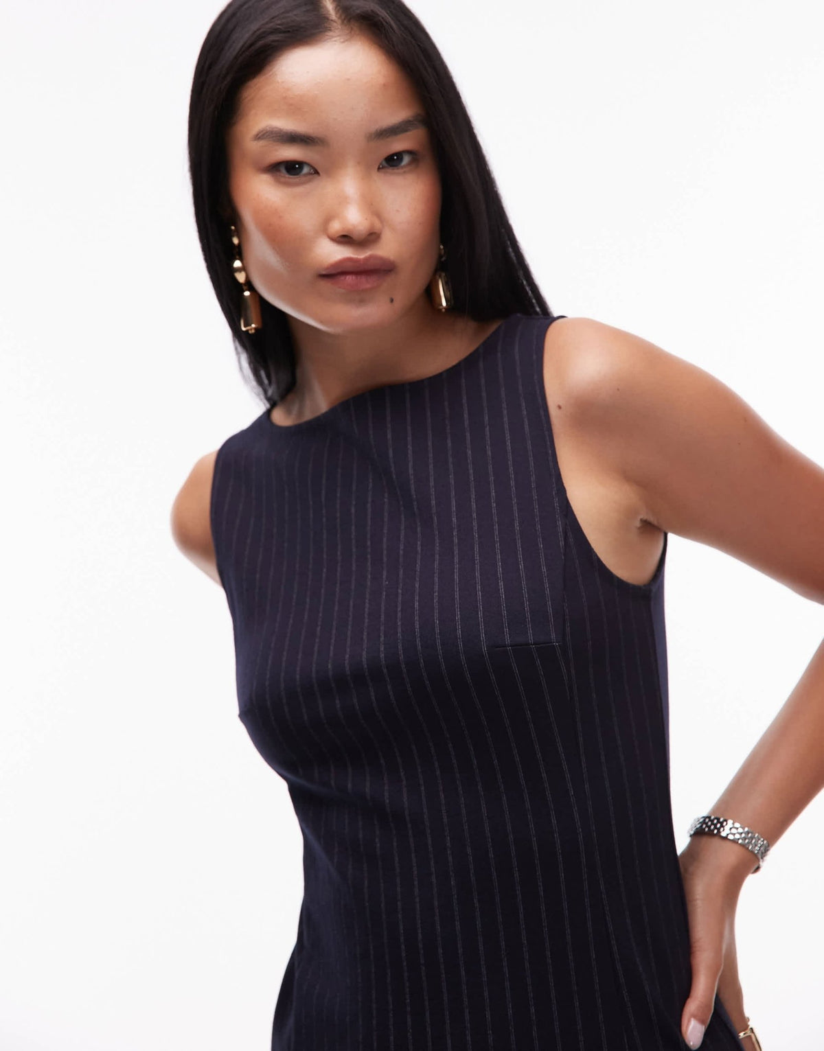 Mango tailored sleeveless mini shift dress in navy pinstripe - ASOS Sample Sale