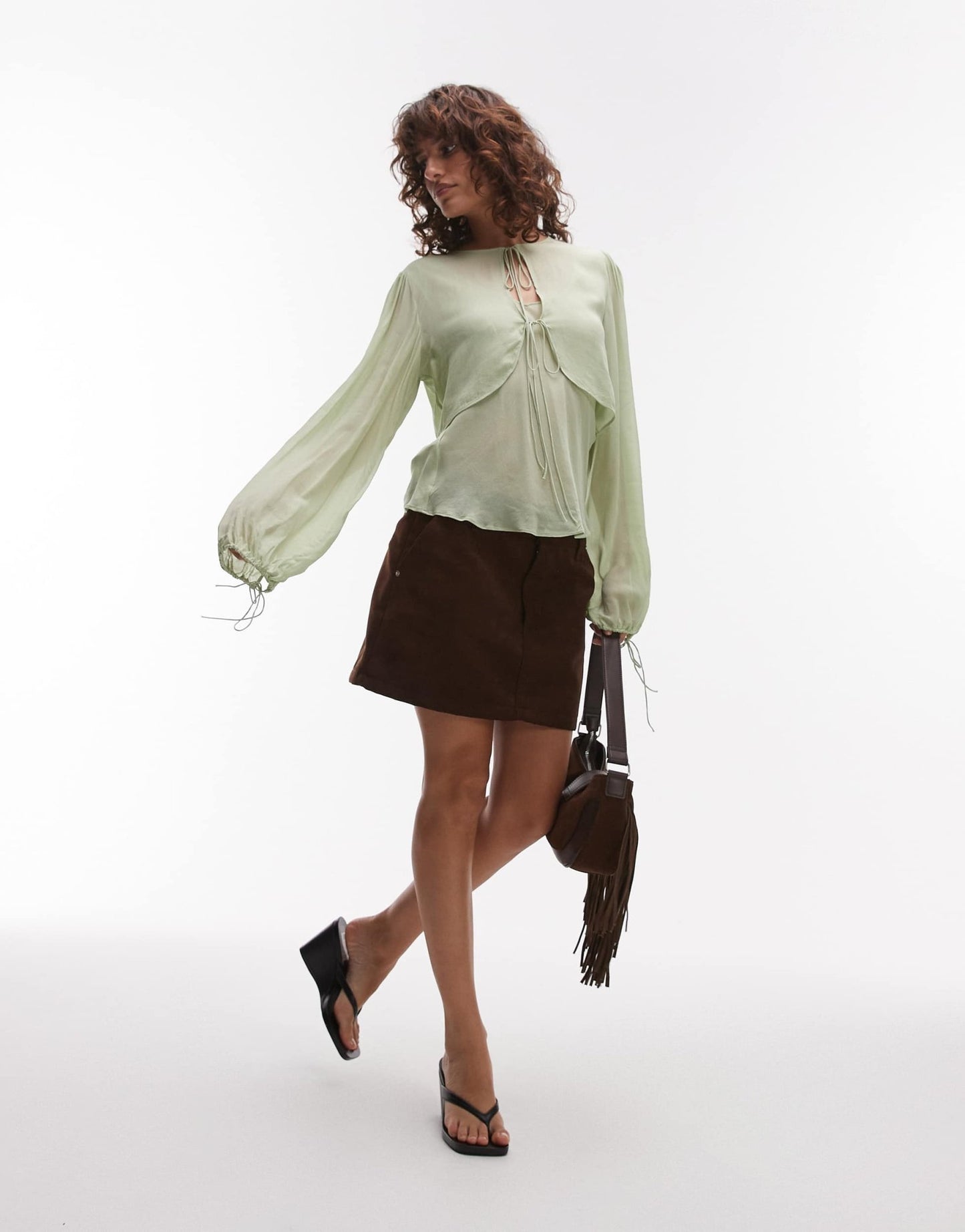 Mango tie front cape layer top in pale green - ASOS Sample Sale