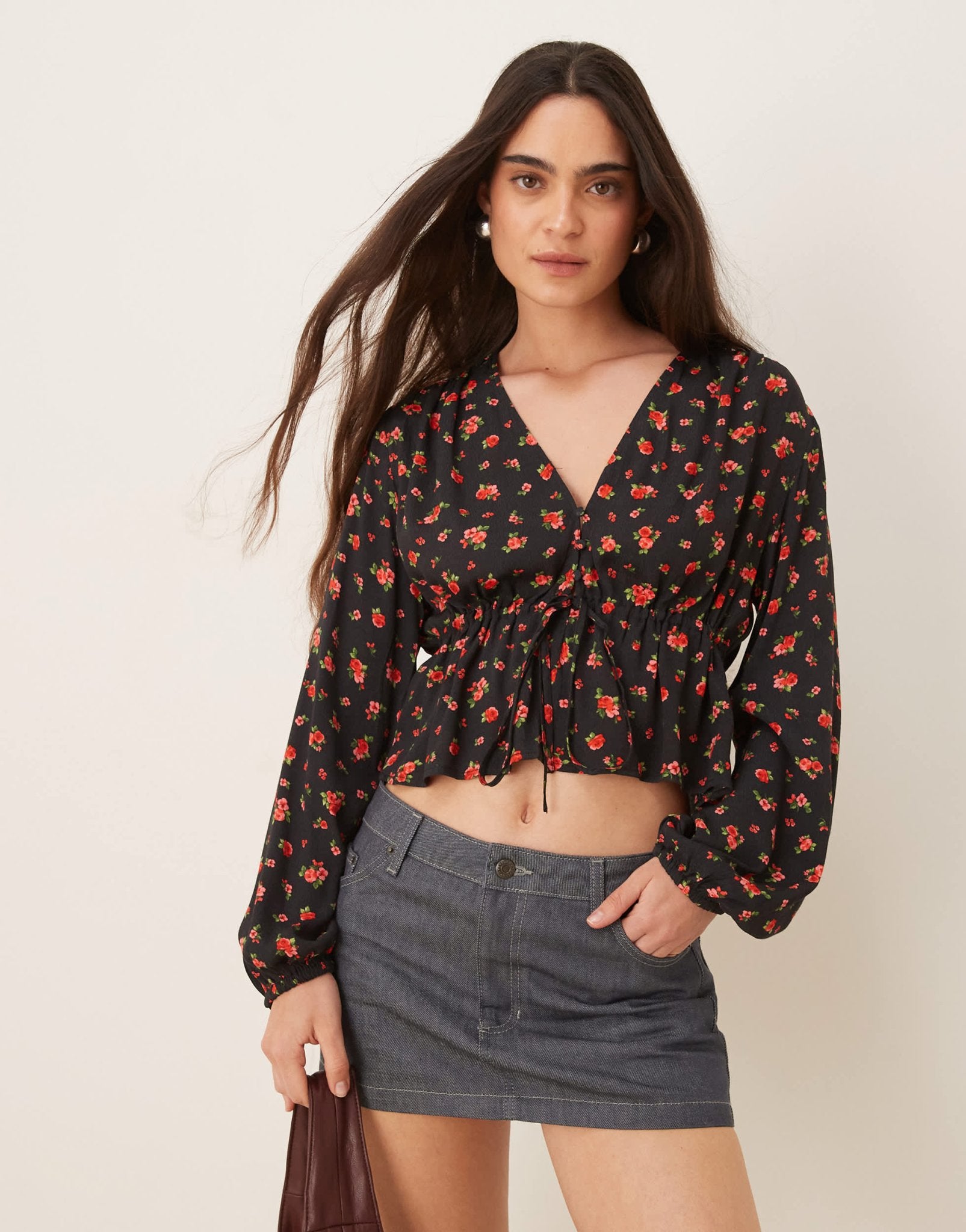 Mango tie front rose print blouse in black - ASOS Sample Sale
