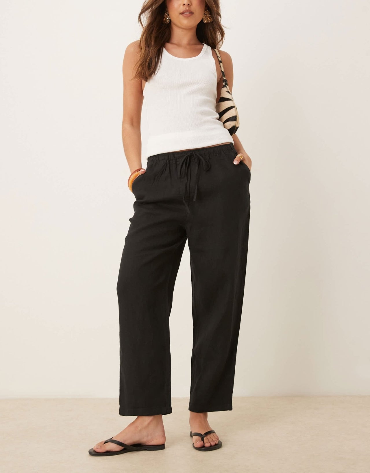 Mango tie waist linen trousers in black - ASOS Sample Sale