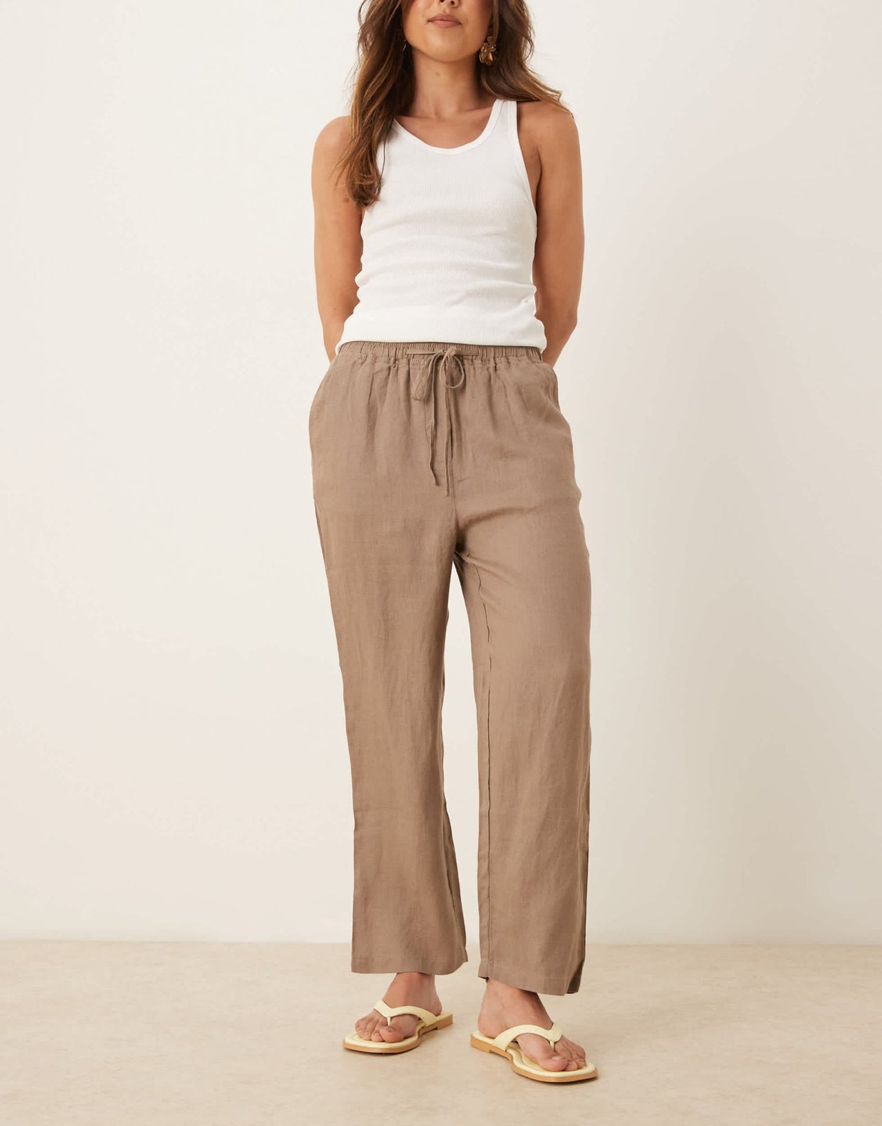 Mango tie waist linen trousers in brown - ASOS Sample Sale